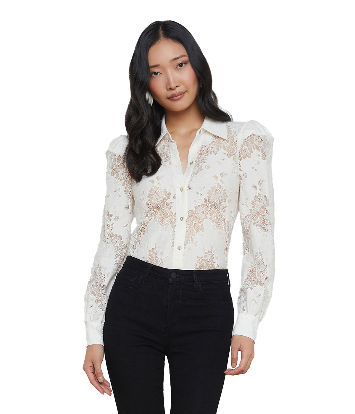Jenica Lace Blouse in ivory floral lace with puff shoulders, scalloped hem, and button-down front