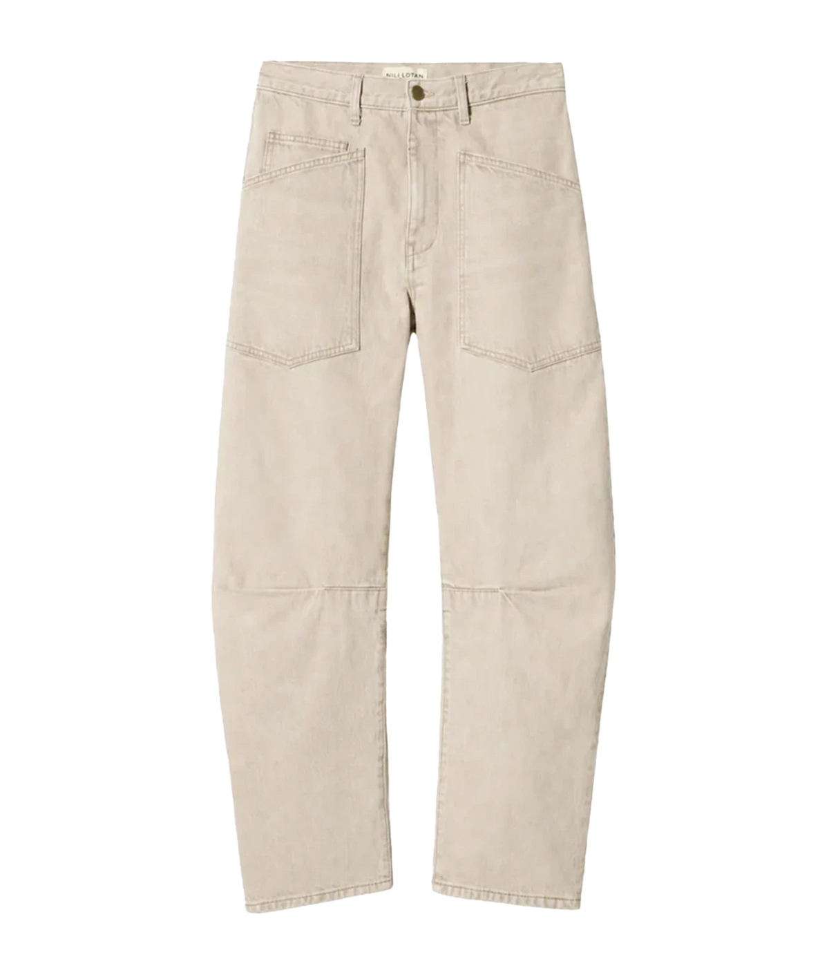 Nili Lotan Shon Jean in Travertine, front product view in a light beige wash with patch pockets and straight barrel-leg silhouette.