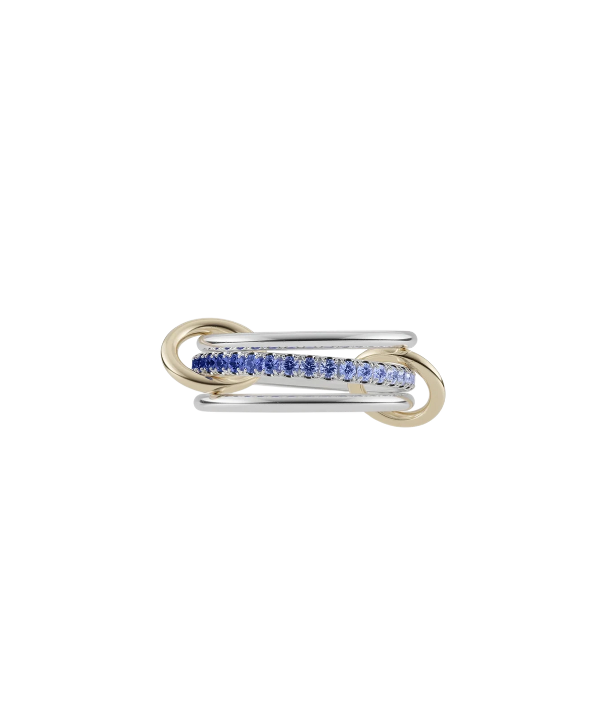 Spinelli Kilcollin Tigris SG Blue Ombre Ring laid flat, showing sterling silver bands and a centre band of blue ombré sapphires, linked by two yellow gold connectors