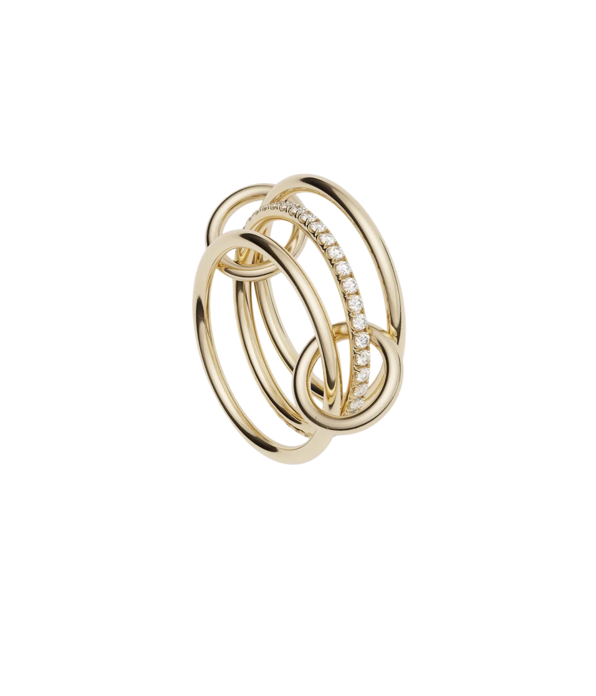 Spinelli Kilcollin Sonny YG Ring standing upright, showing the stacked yellow gold bands and connectors from the front