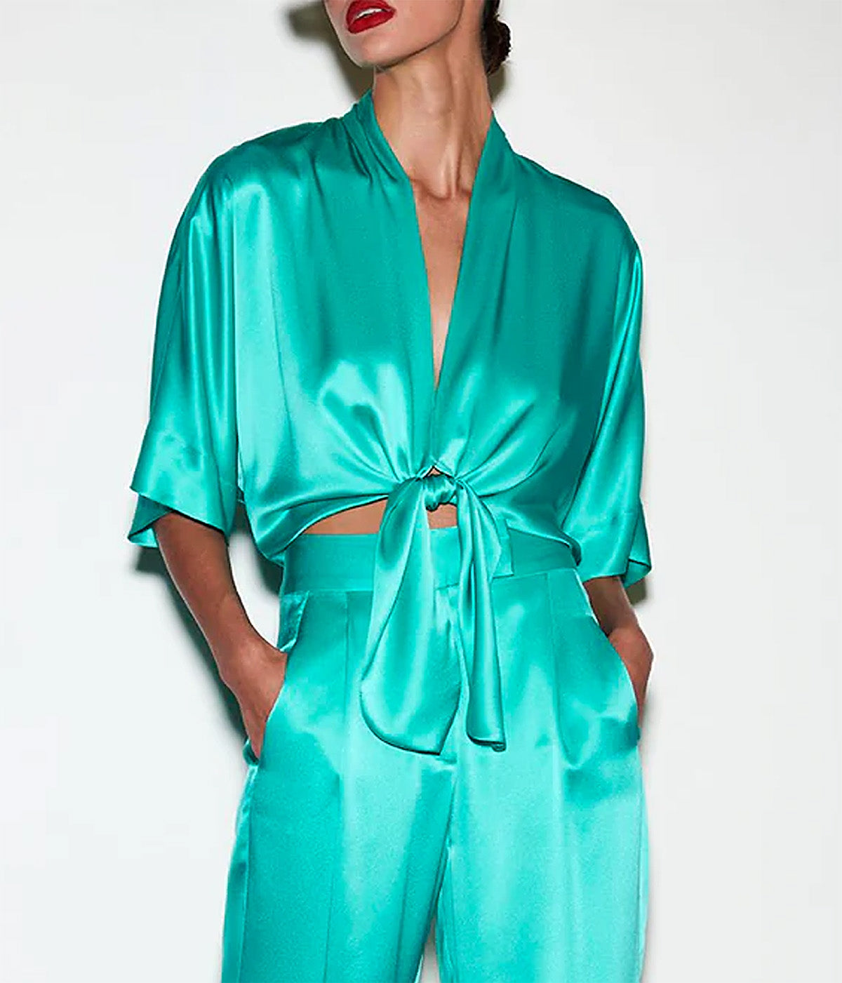 *FINAL SALE* Dolman Tie Front Blouse in Turquoise