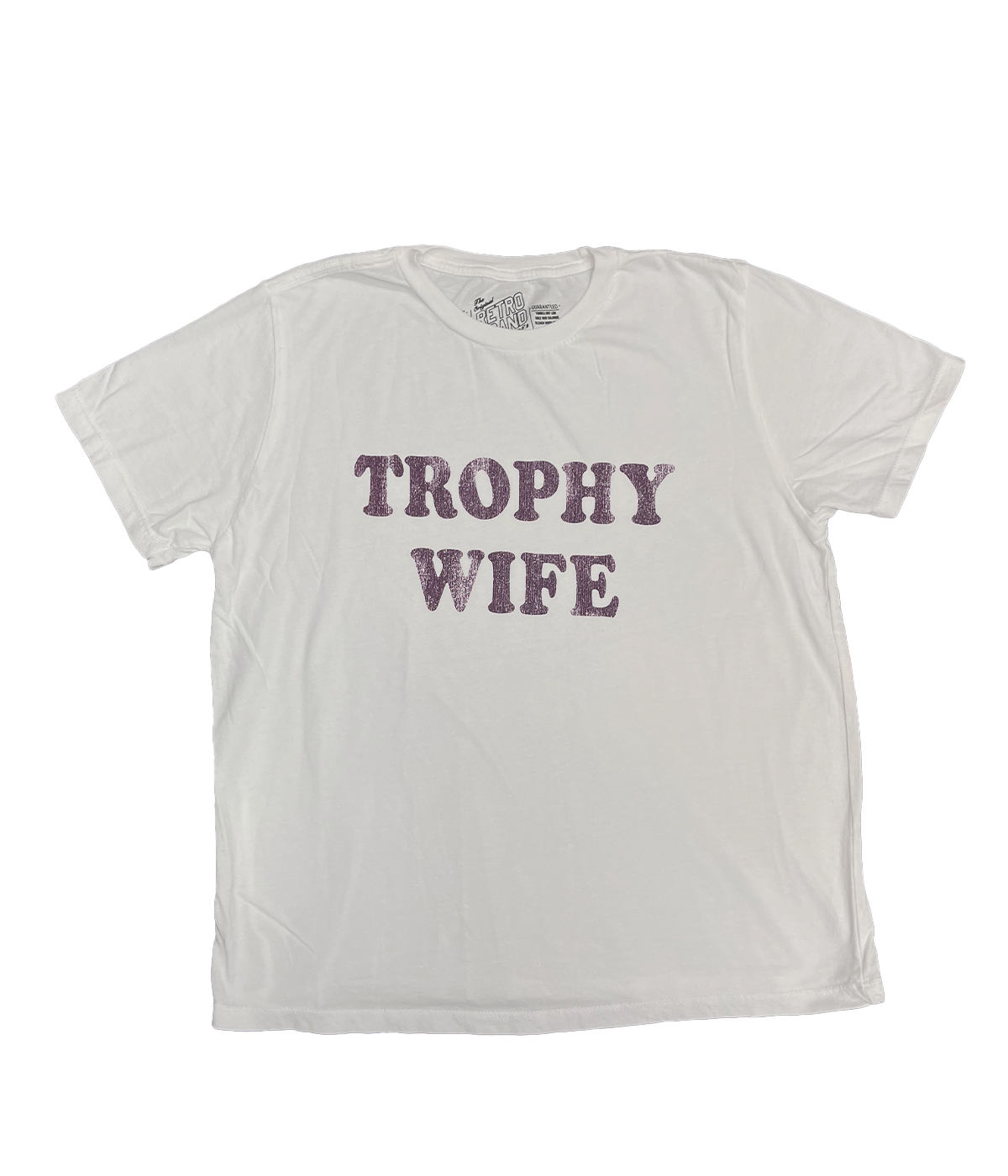ALT text: White cotton Trophy Wife tee with black front print and short sleeves laid flat