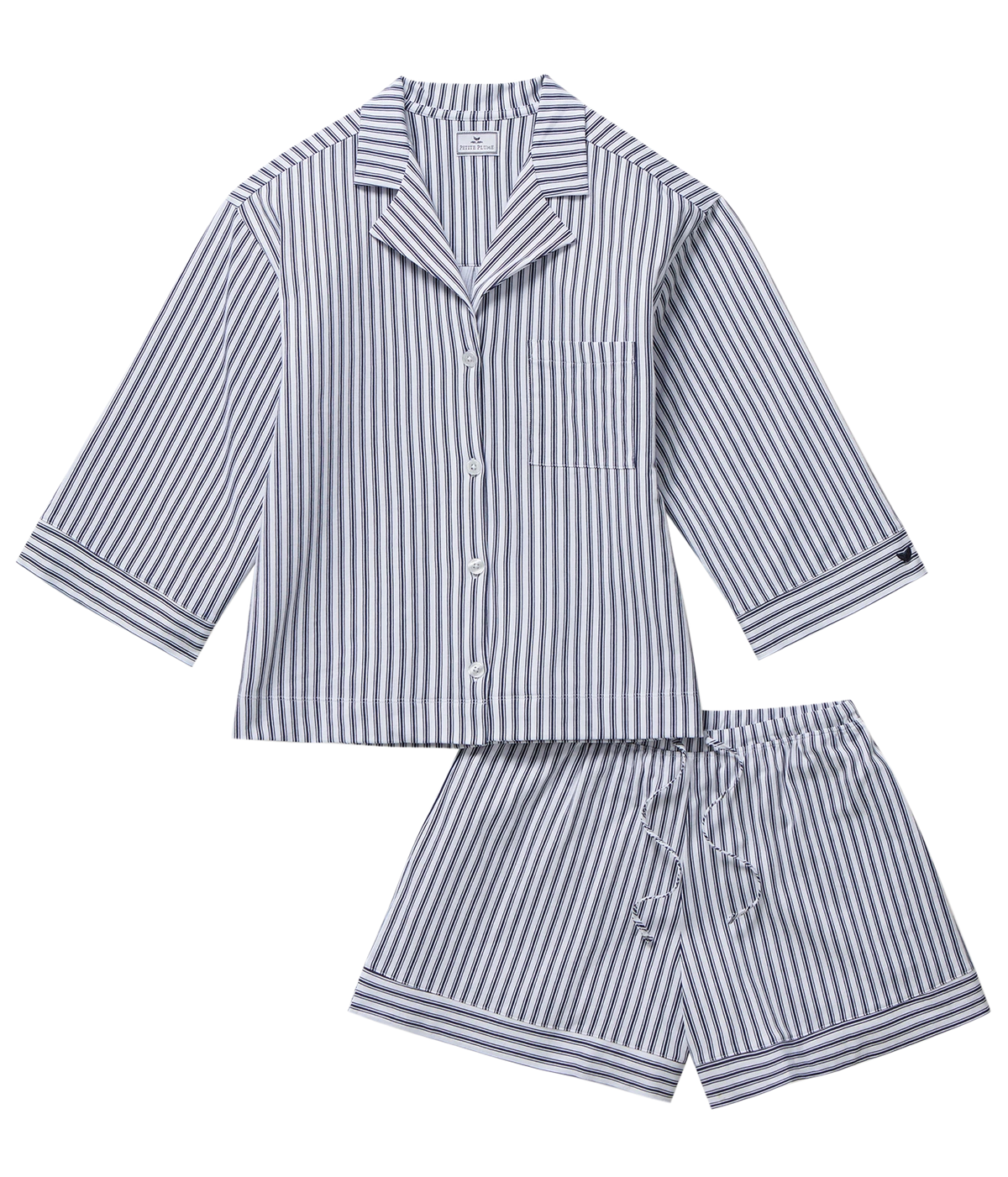 Petite Plume Olivia Pima Short Pyjama Set in Navy laid flat, showing the three-quarter sleeve button front shirt with a notched collar and the matching cuffed shorts in a navy and white stripe