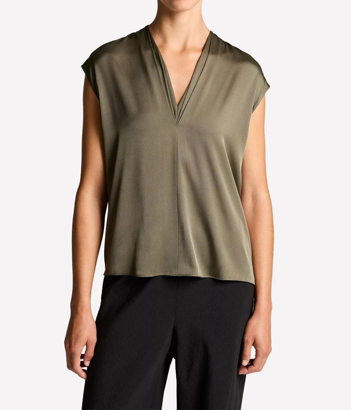 Woman wearing a pine grove double V-neck shell top, front view