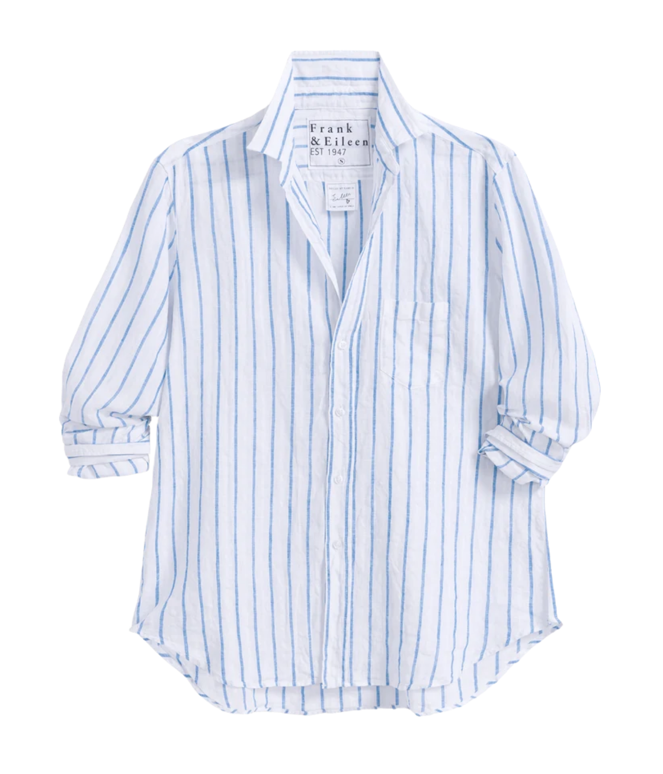 A light blue and white vertically striped button-down shirt with three-quarter sleeves, shown flat against a white background. The brand label 'Frank & Ellen' is visible inside the collar.