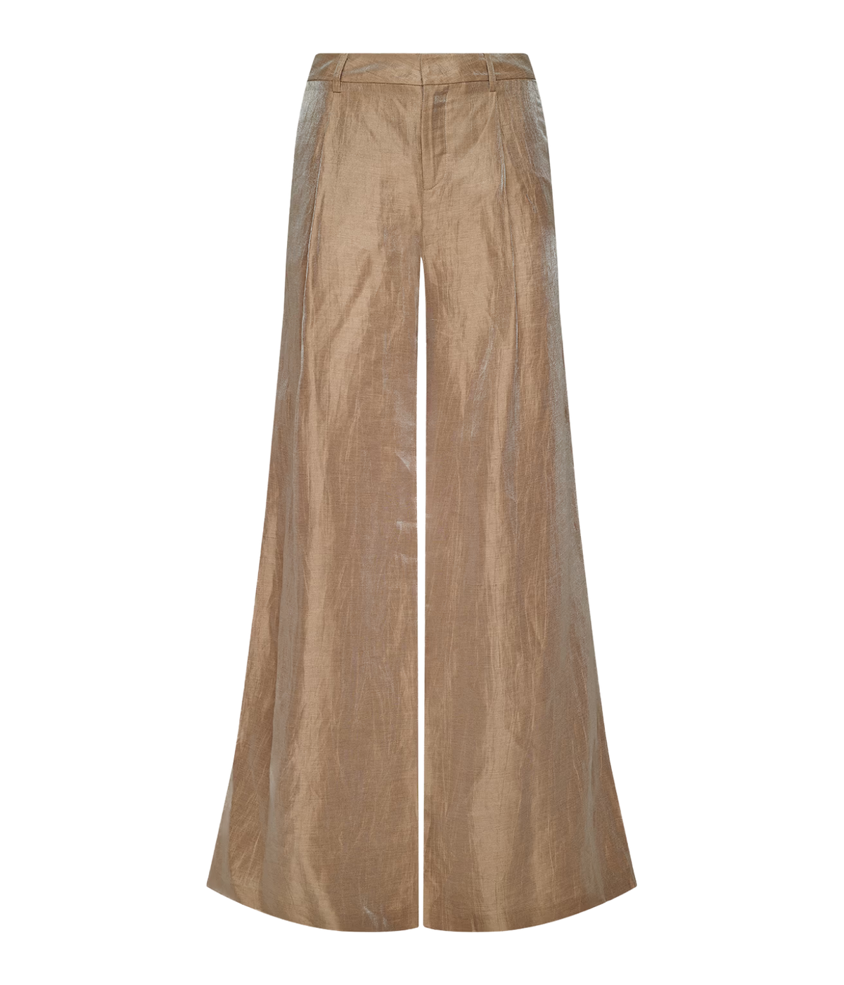 A pair of wide-leg trousers in a shimmering metallic taupe-gold fabric, shown against a plain white background.