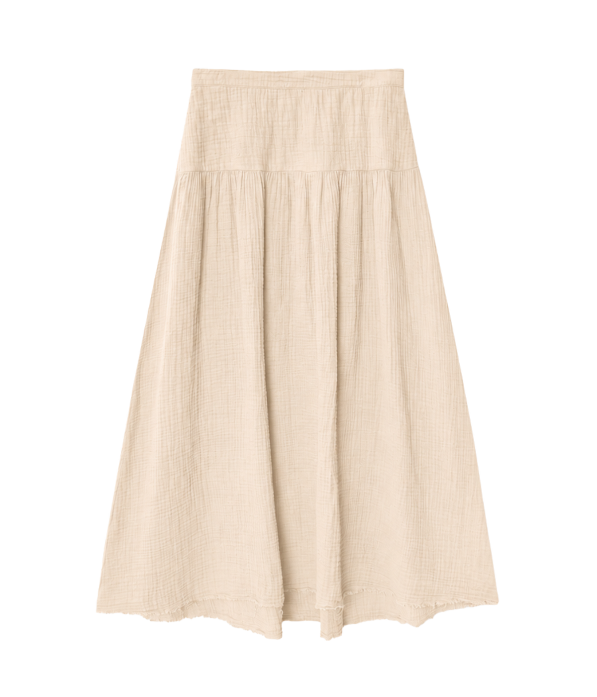 A light beige textured gauze midi skirt with a smocked elastic waistband, shown against a plain white background.