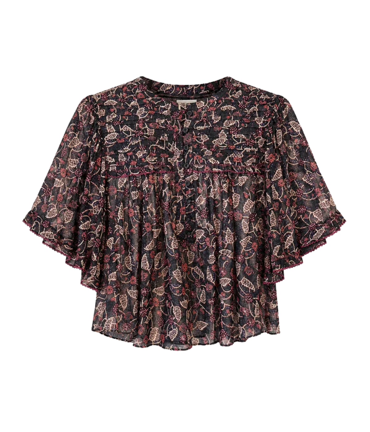 Isabel Marant Douna Top - A short-sleeve blouse with a dark base and an all-over floral and leaf print in muted red, beige, and brown tones, featuring a smocked bodice and layered ruffle sleeves.