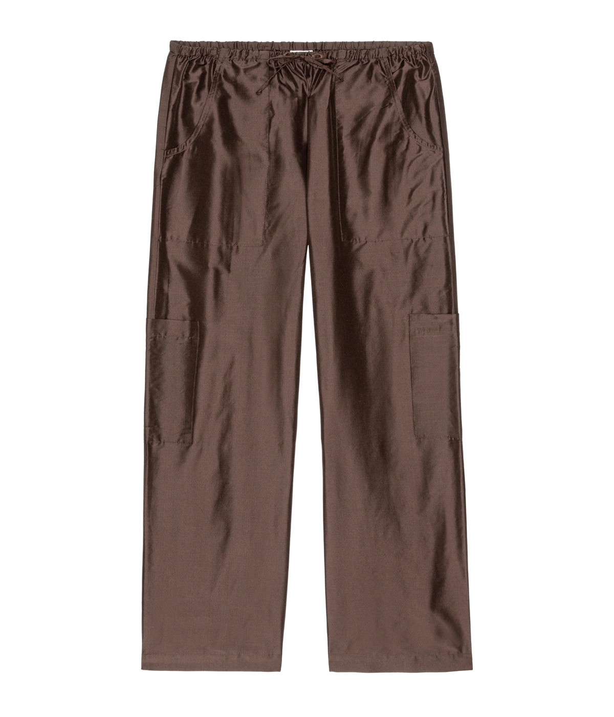 DONNI. The Silk Taffeta Cargo Pant in Espresso, product flat lay image