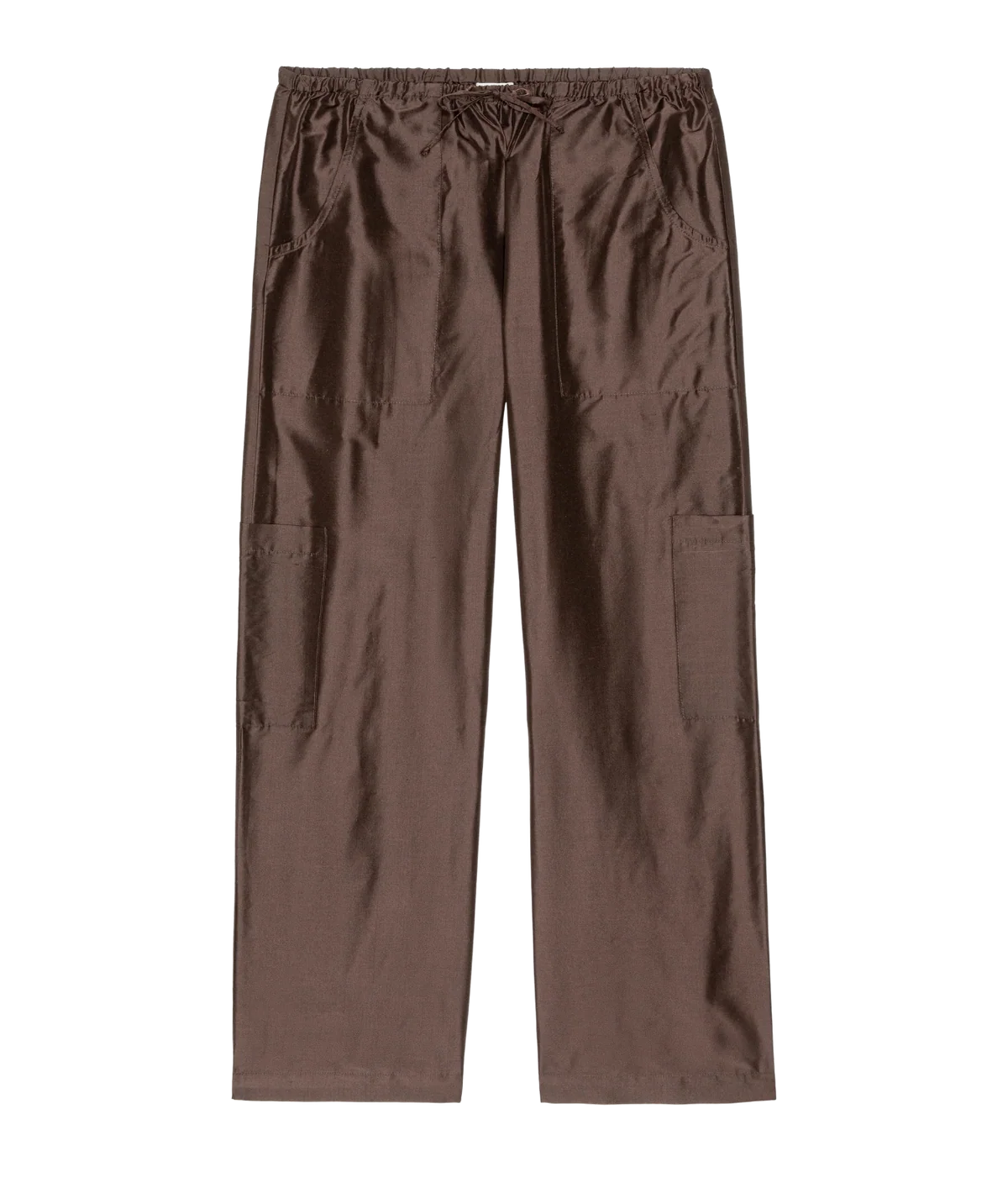 DONNI. The Silk Taffeta Cargo Pant in Espresso laid flat, showing the elasticated drawstring waist, curved front pockets and patch cargo pockets at the knees
