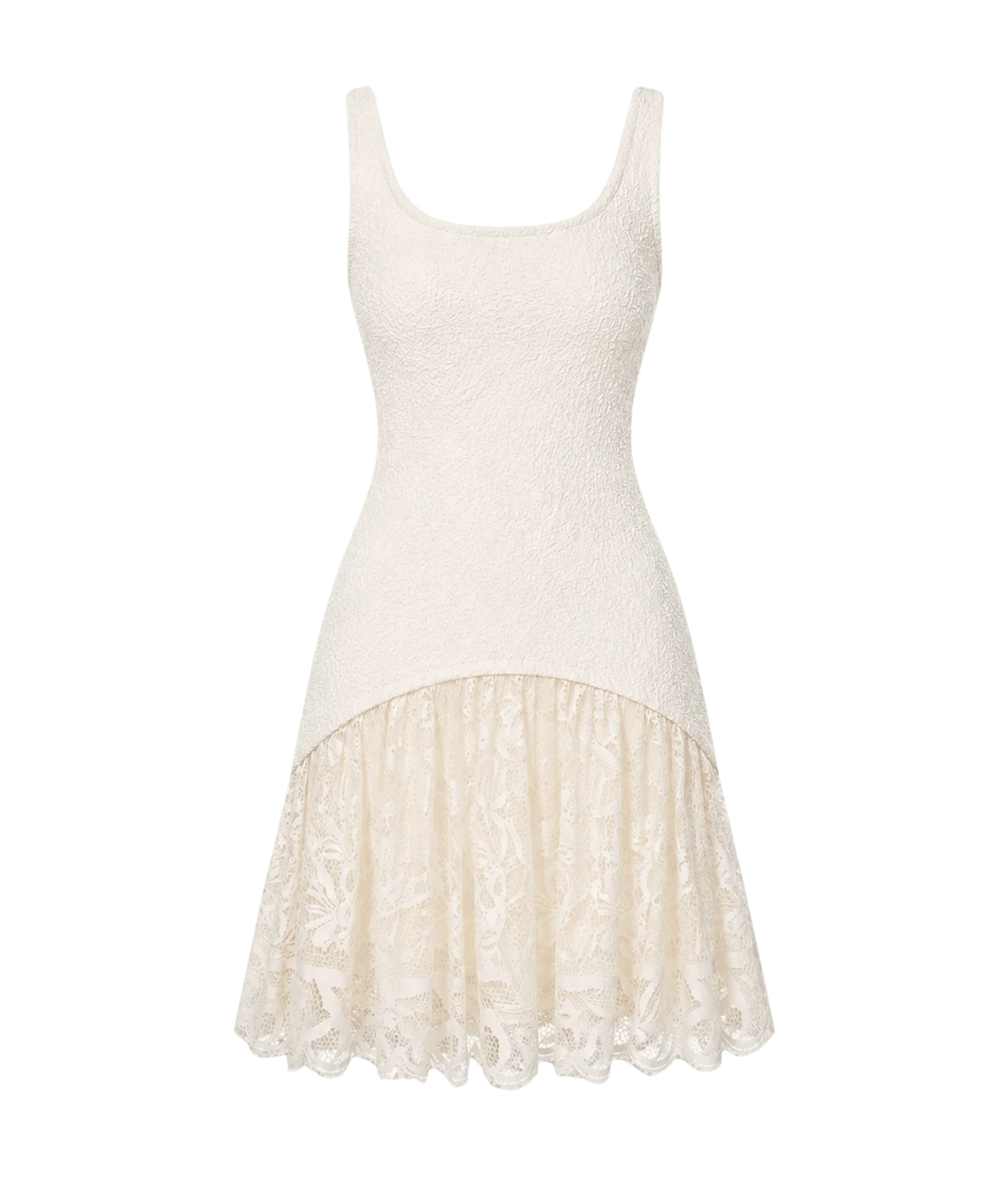 alexis Pomela Mini Dress In Ivory - product flat lay of ivory coloured mini dress with curved lace hem