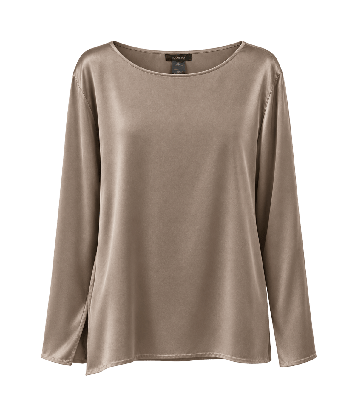 Avant Toi Hand Painted Stretch Silk Long Sleeves Blouse in Taupe shown from the front, featuring the wide round neckline, long sleeves, relaxed straight body and side split at the hem