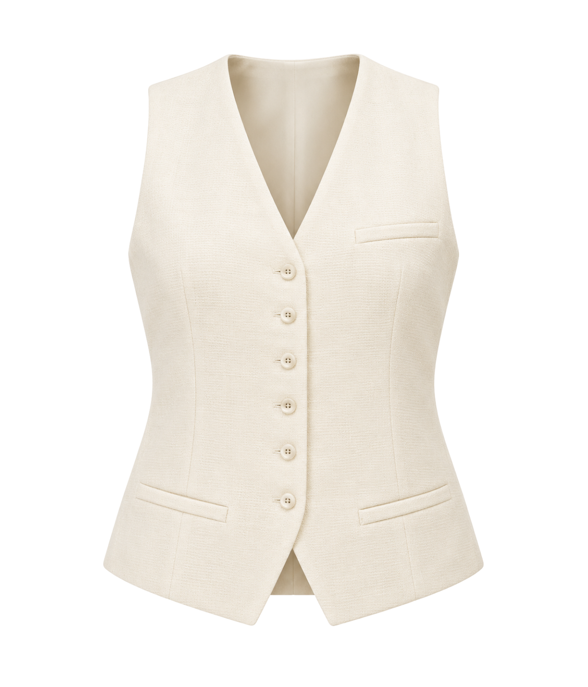 Alexis Vence Vest In Off White, laid flat, showing the V-neck, five-button front and welt pockets