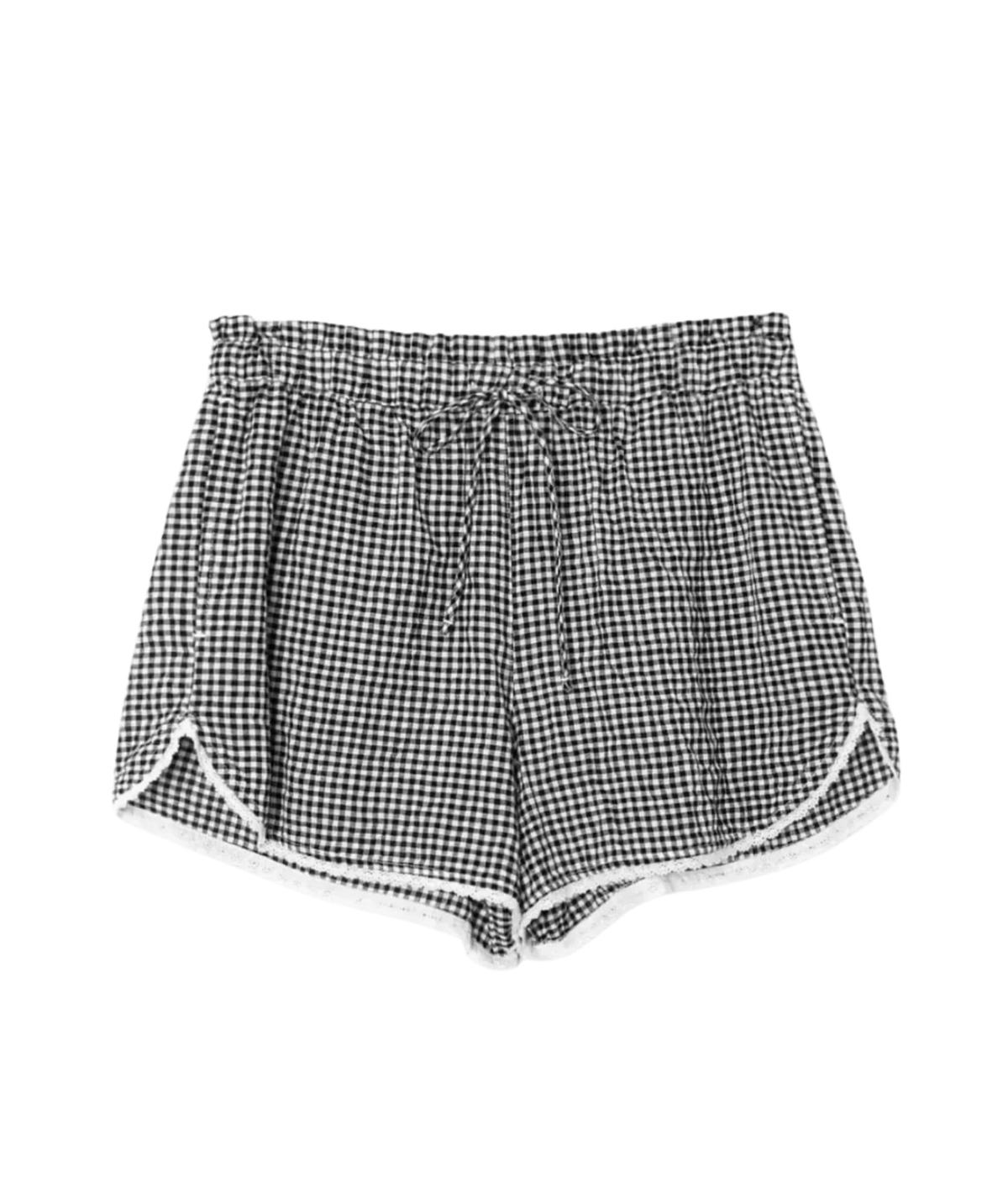 Xirena Starla Short in Black Sand laid flat, showing the elasticised drawstring waist, curved dolphin hem and contrast trim