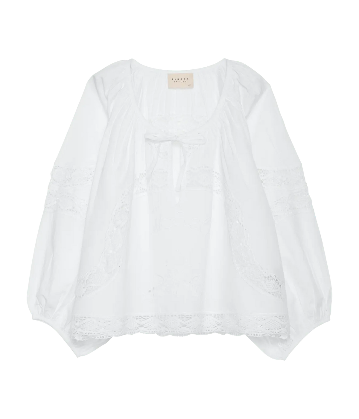 Sissel Edelbo Agathe Top In Ecru laid flat from the front, showing the gathered neckline with front tie, voluminous raglan sleeves and tonal lace and embroidery panels