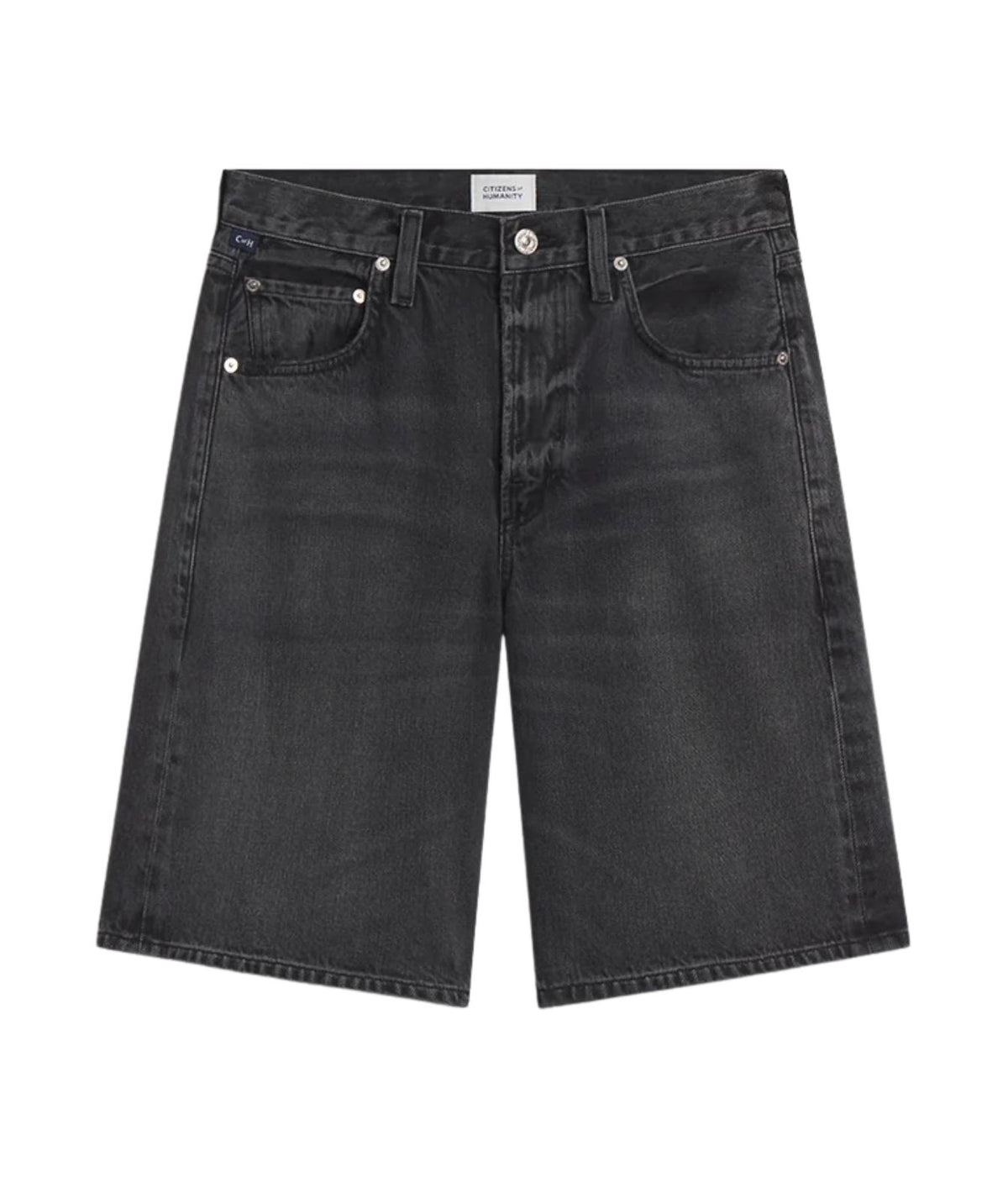 Citizens of Humanity Court Denim Short in Vintage Black - flat lay of washed black mid length denim shorts