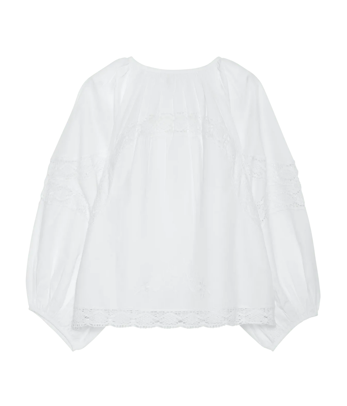 Sissel Edelbo Agathe Top In Ecru laid flat from the back, showing the voluminous raglan sleeves and tonal lace and embroidery panels