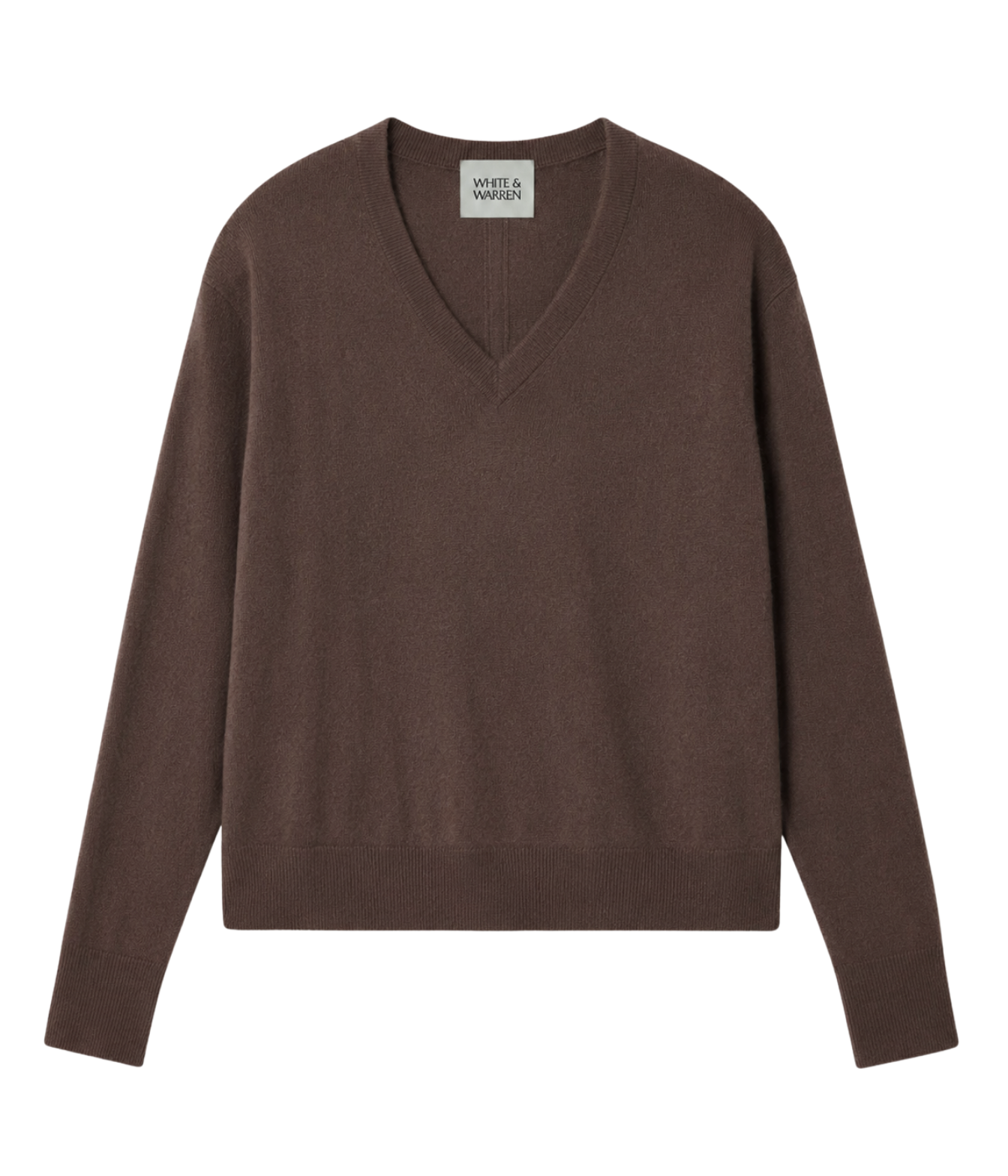 A brown long-sleeve V-neck knit sweater