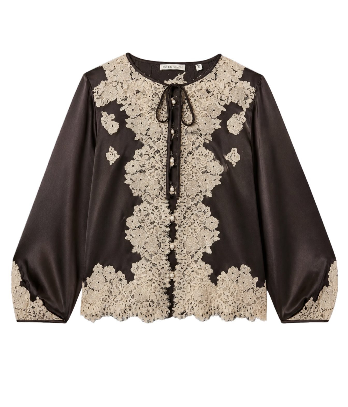 A dark brown satin blouse with intricate beige lace applique on the front, collar, and cuffs, featuring a tie-neck detail and long balloon sleeves.