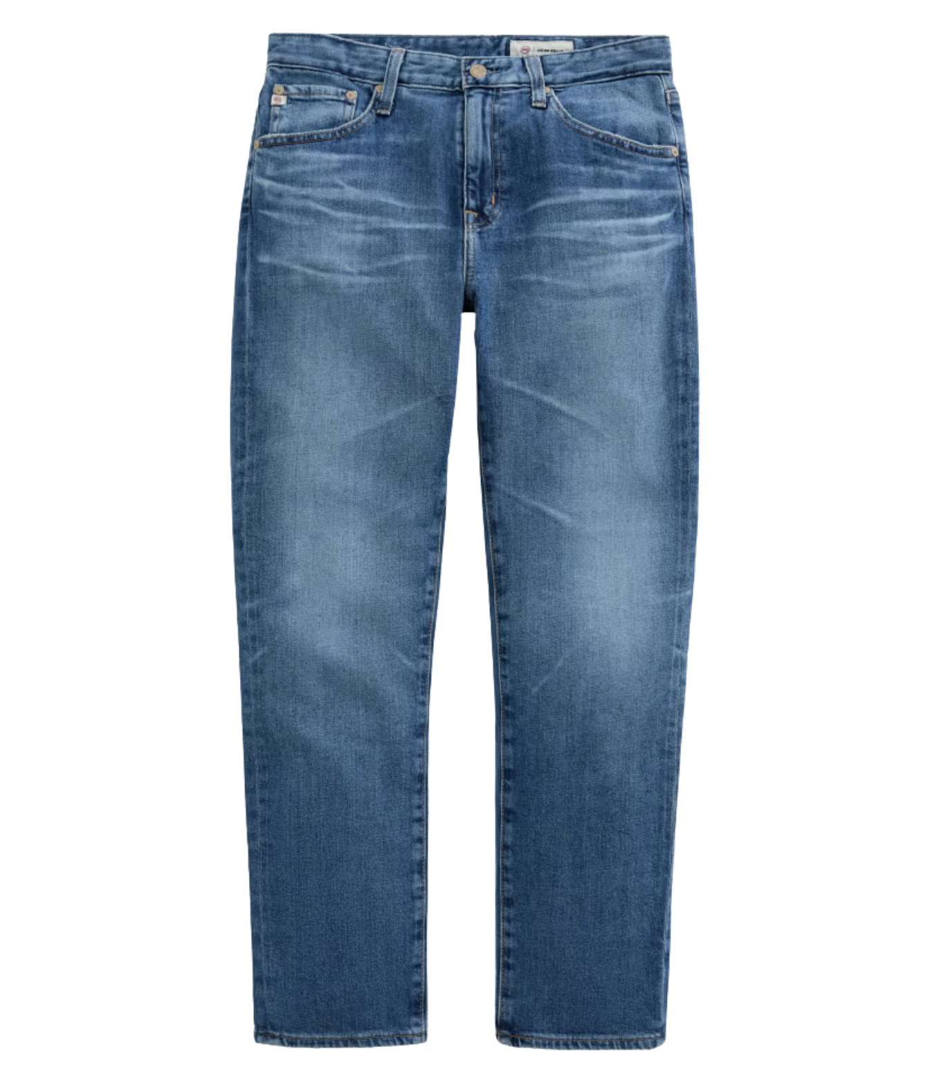 A pair of medium wash blue denim jeans with a straight-leg fit, shown flat against a plain white background.