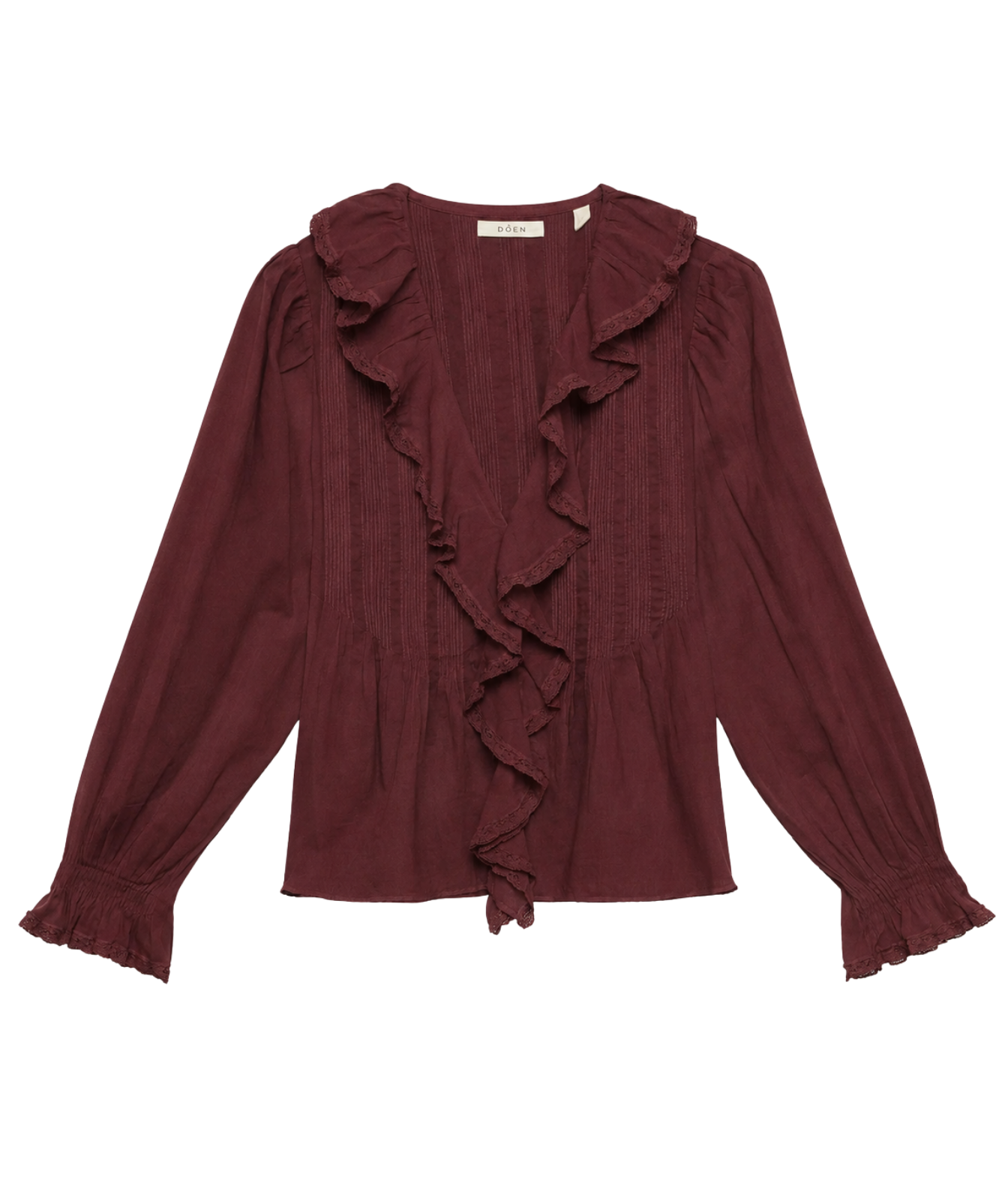 A long-sleeve burgundy blouse with a ruffled collar, ruffled front opening, and ruffled cuffs, shown flat on a white background.