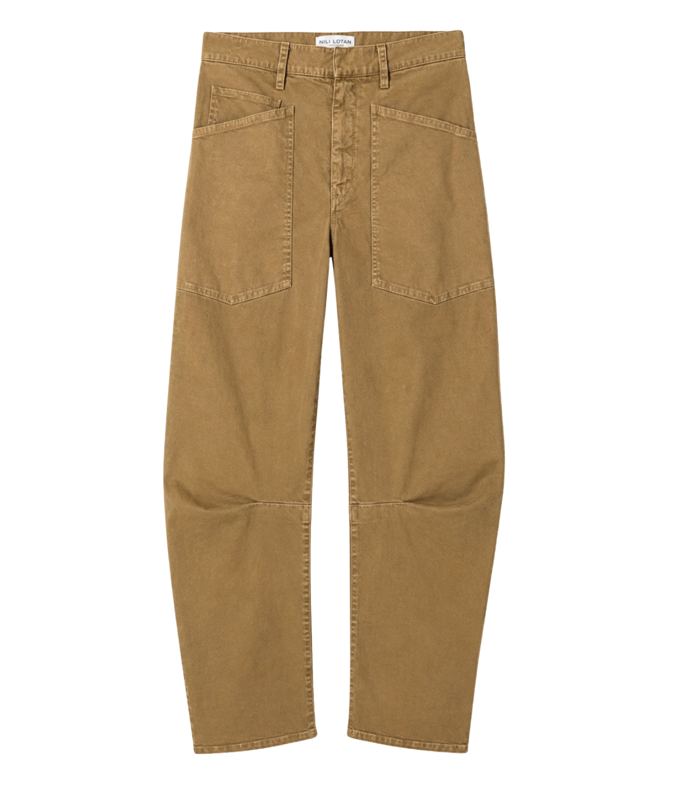 A pair of tan canvas work pants with reinforced knee patches and classic five-pocket styling, shown flat against a solid white background.