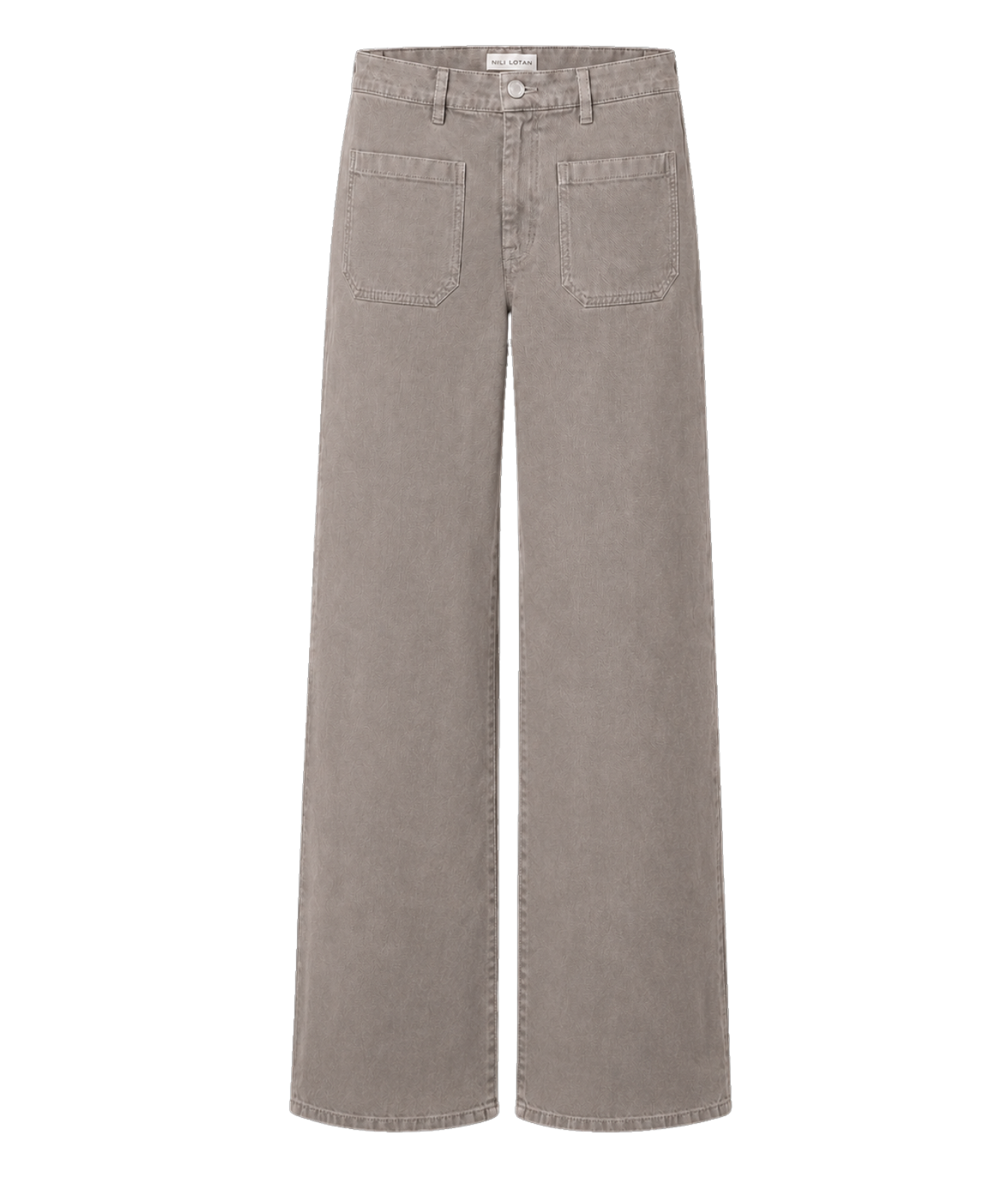 A pair of wide-leg cropped jeans in a washed taupe gray color, featuring a button closure, belt loops, and two front patch pockets, shown against a plain white background.