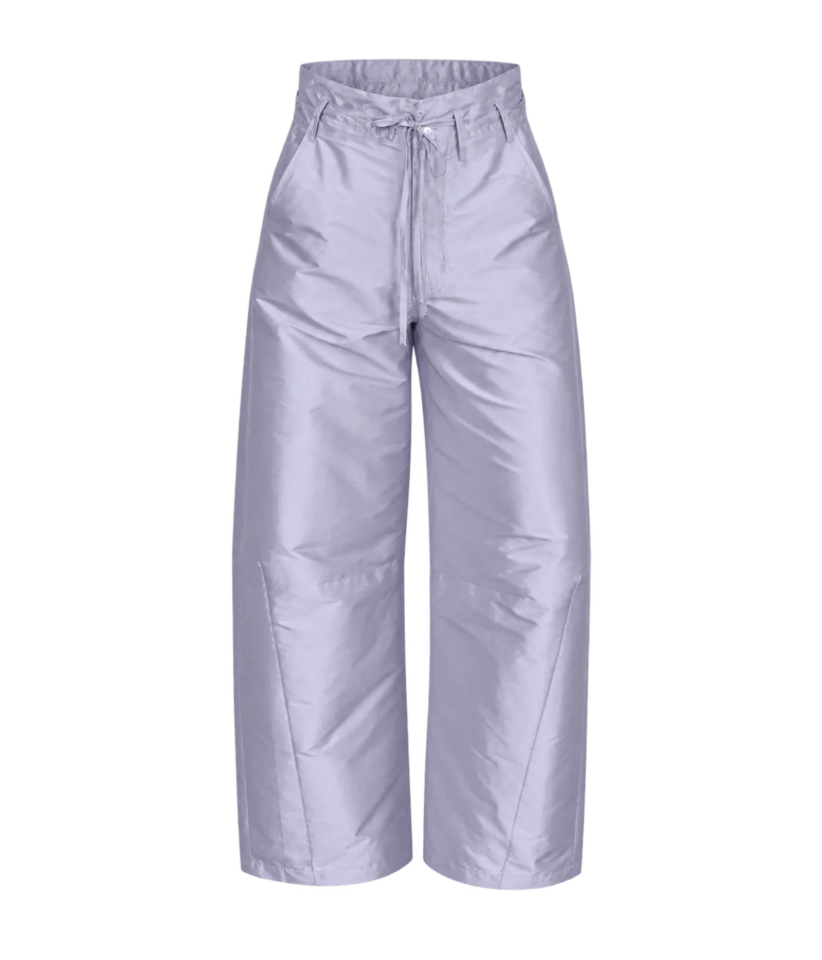 Flay lay front view of the Chan Luu Techno Taffeta Barrel Pant in Lilac, showing the tied front waist, button closure and curved barrel legs