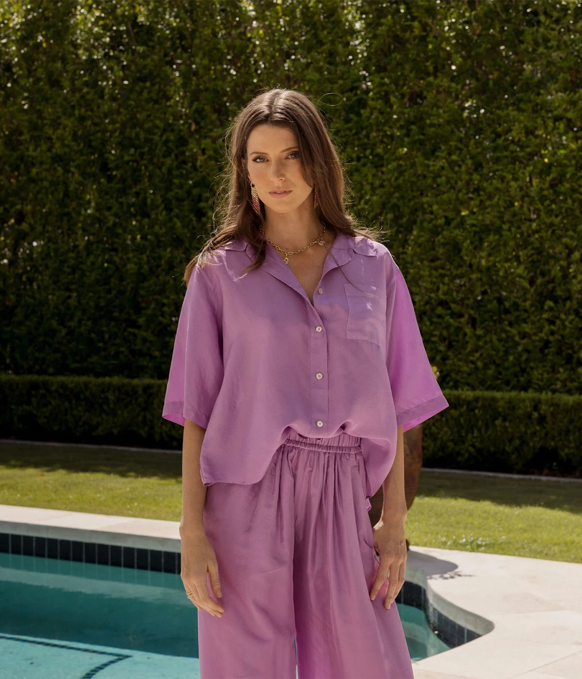 Habotai Silk Half Sleeves Shirt in burlesque
