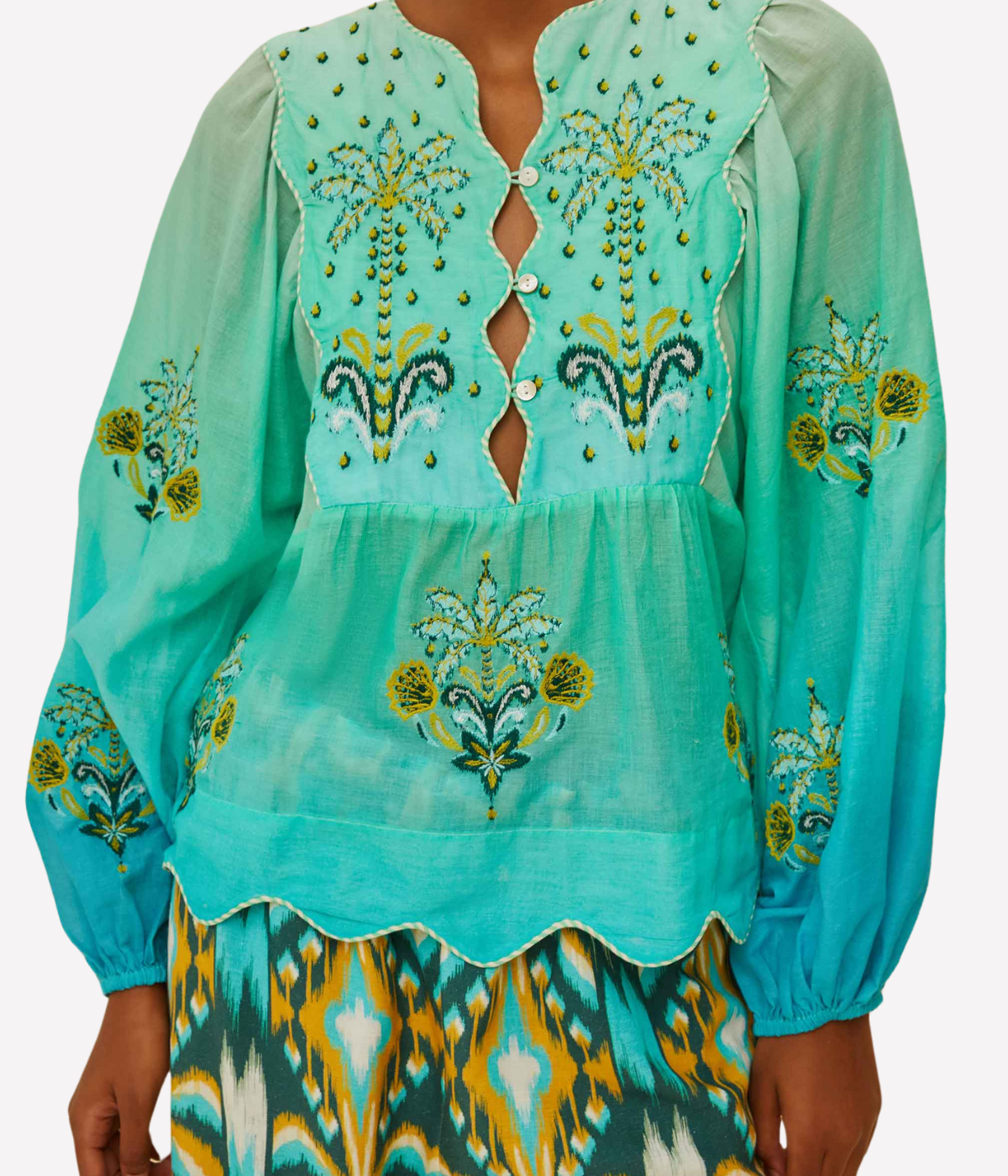*FINAL SALE* Yoke Blouse in Turquoise Palm Tree