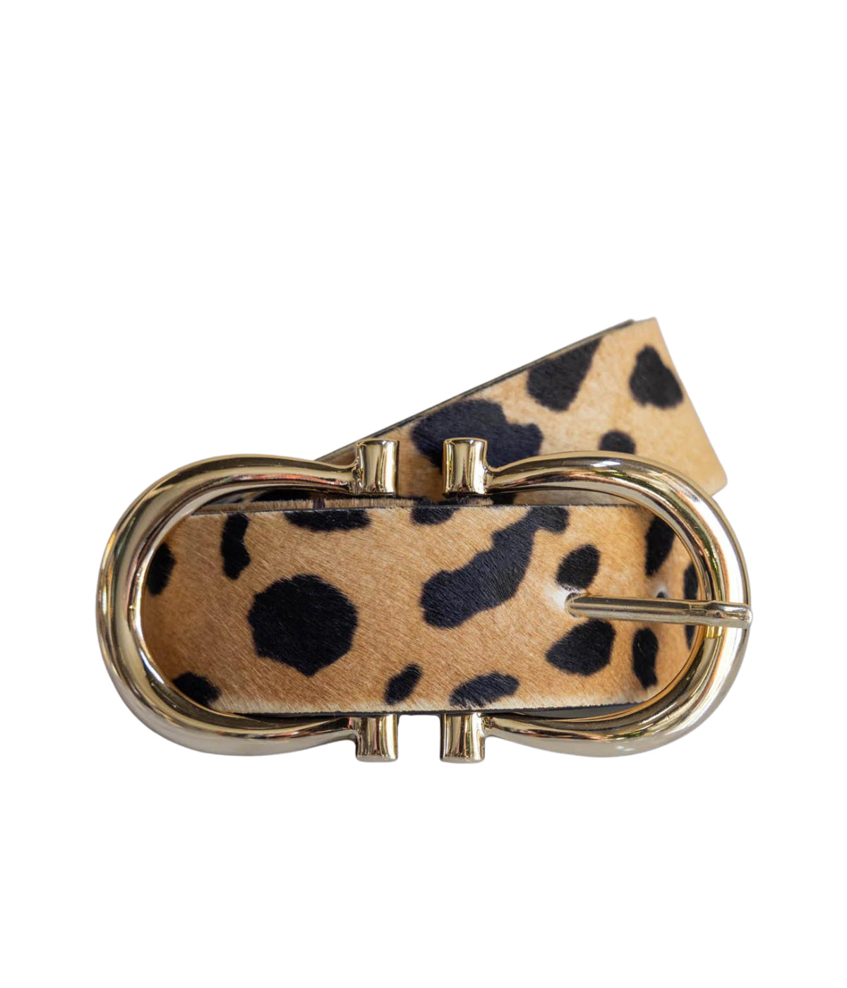 womens designer leather belt featuring a double horsehoe buckle, Calexico exclusive Nicky Belt designed by Nicky Charman, 4cm wide hair calf leather belt with 6cm double buckle. Perfect accessory to style with denim, jeans, and sneakers.