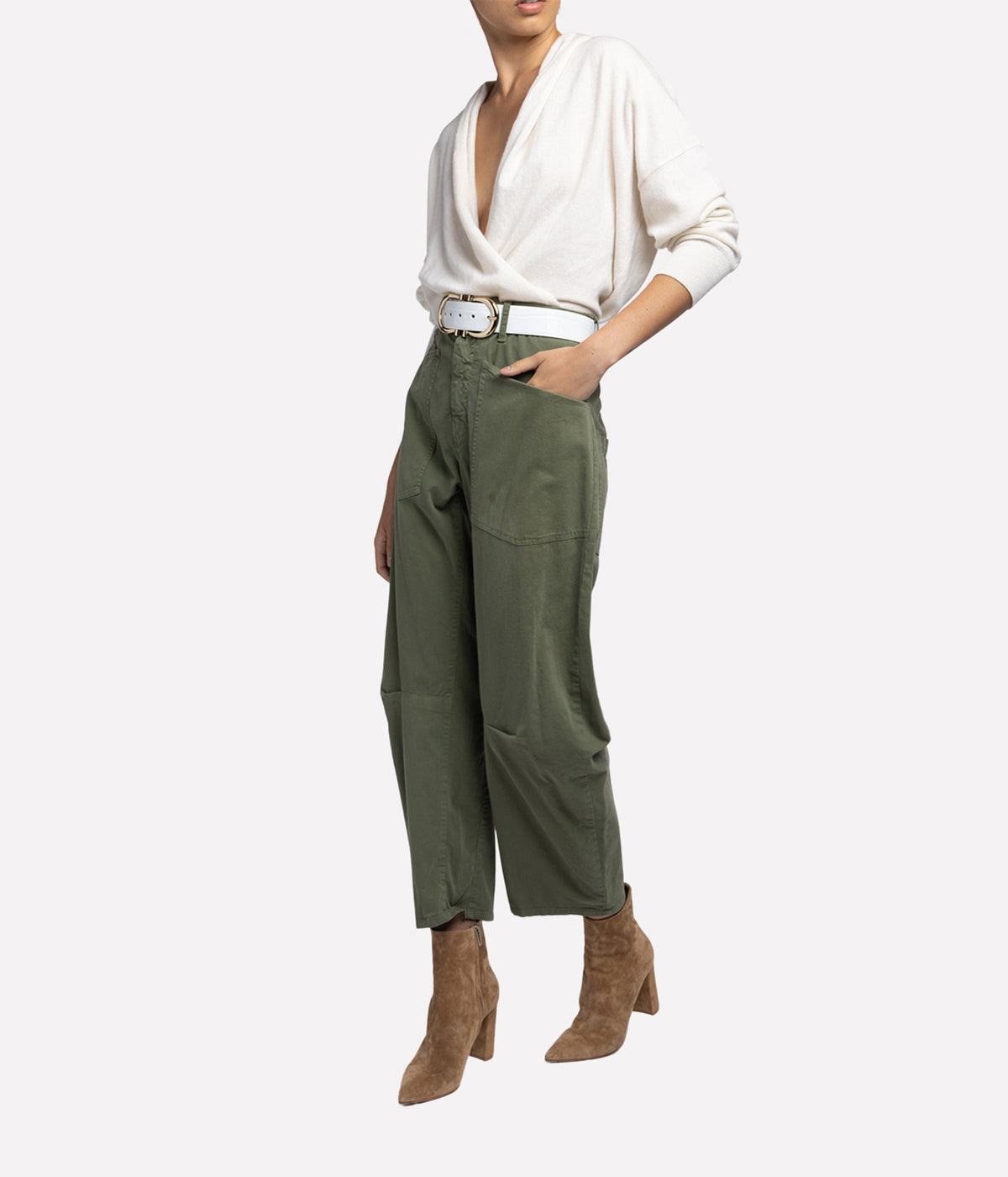 ALT text: Shon Pant in Camo Green, designed with strategic seams and topstitched patch pockets for an oversized, utilitarian look.