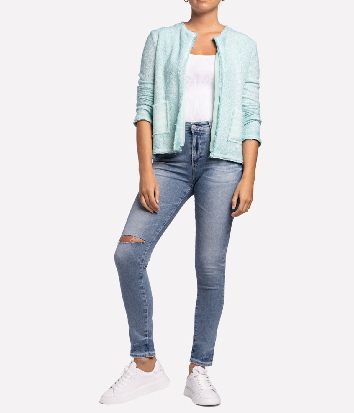 *FINAL SALE*SEQUINS NET FABRIC ROUND NECK JACKET in CASCATA