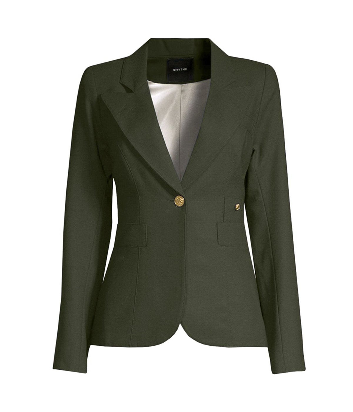 ALT text for images: Tailored blazer with brass hardware, cut-out back detail, and single-breasted design, styled with tailored trousers and a slip dress.