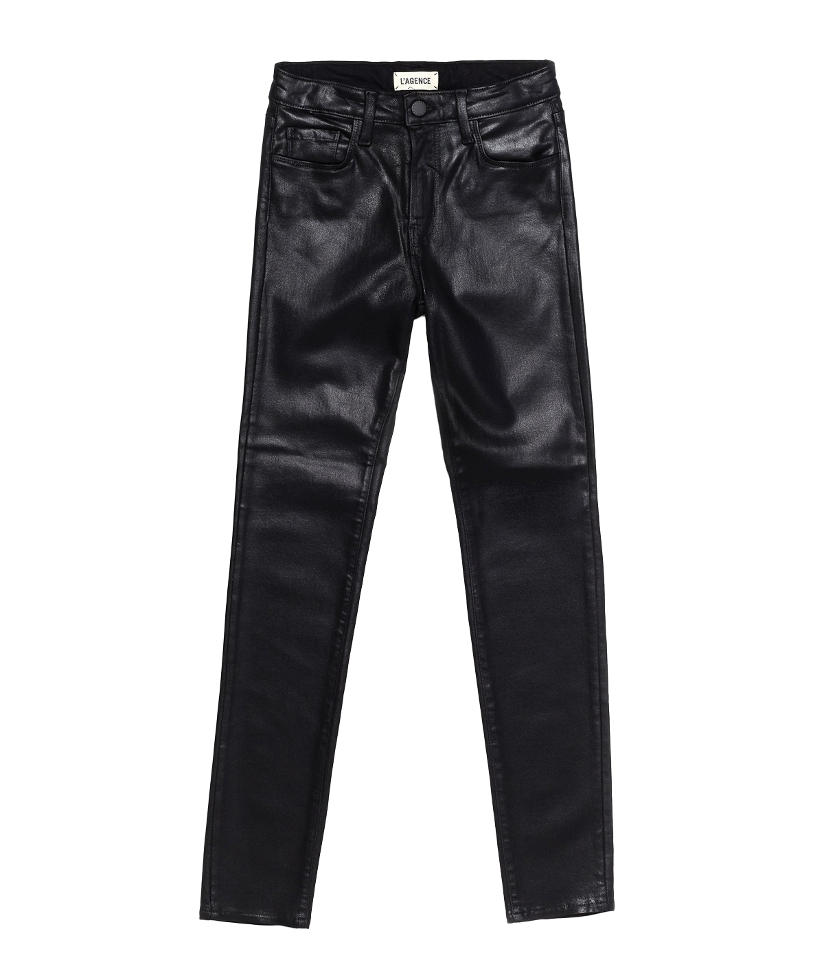  Image of a classic black coated denim skinny jean, with a tapered leg, leather pants, silver hardware, skinny fit. Everyday jean, coated denim, made in USA, date night outfit