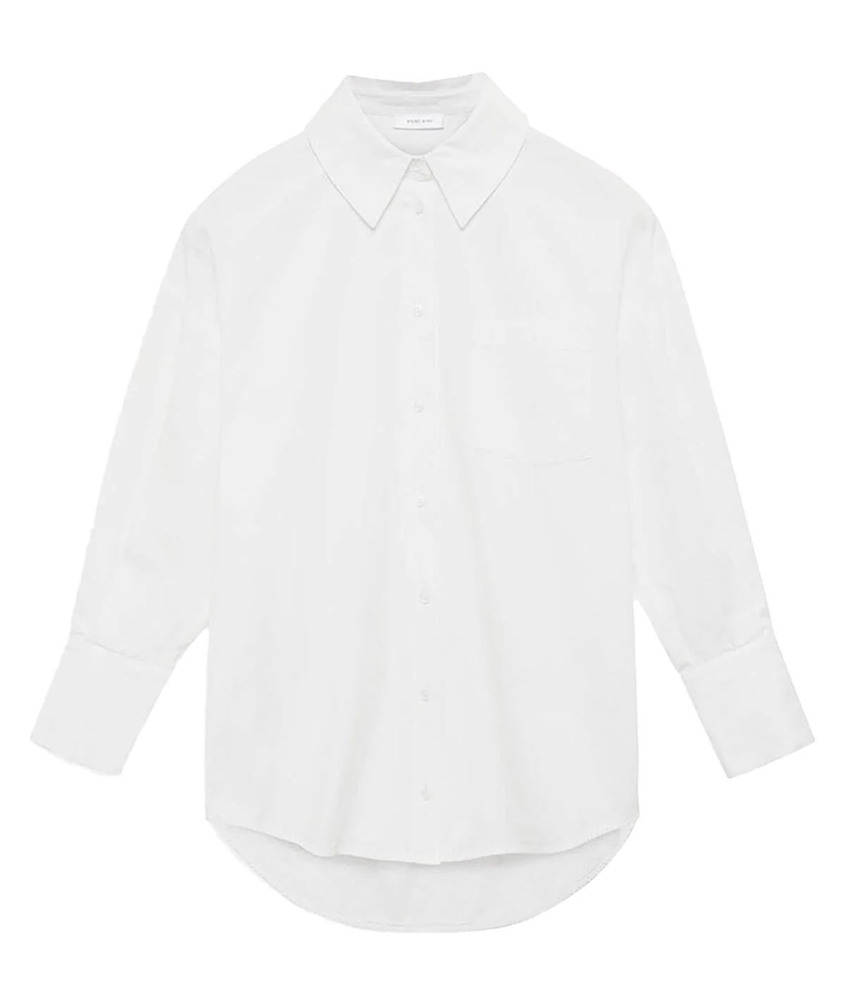 ALT text: Tailored white blouse with a higher front length and elongated back, showcasing a striking geometric silhouette for versatile styling.