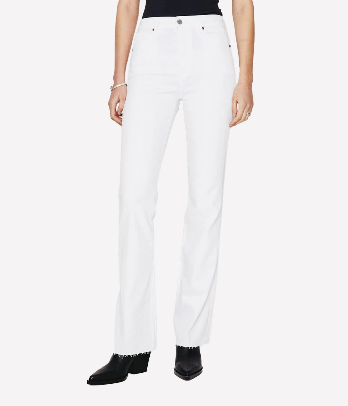 Image of a opaque white straight leg jean, with silver hardware, belt loop holes, button and fly fastening and raw hem details.