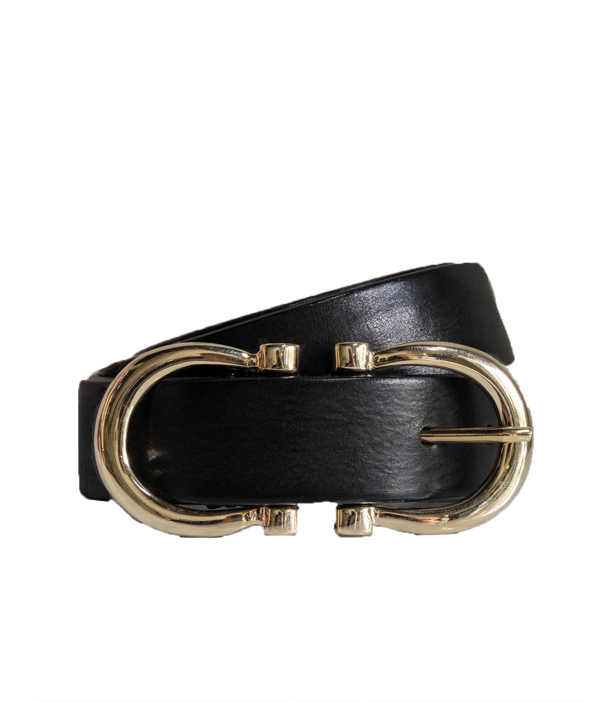 womens designer leather belt featuring a double horsehoe buckle