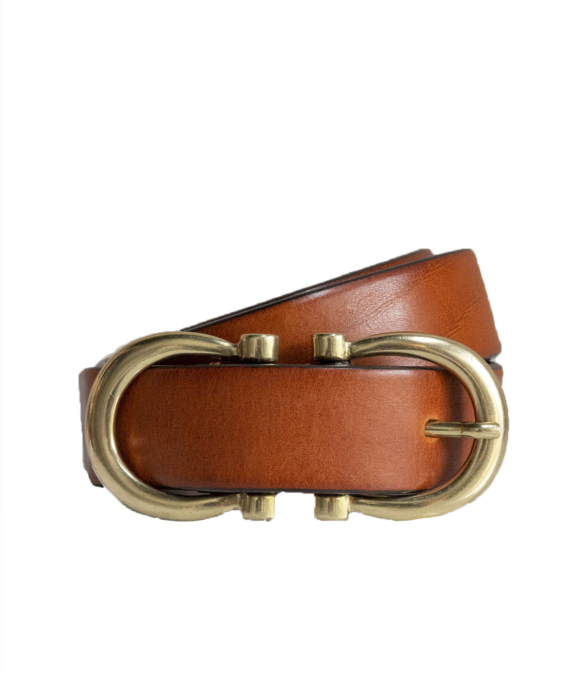 womens designer leather belt featuring a double horsehoe buckle