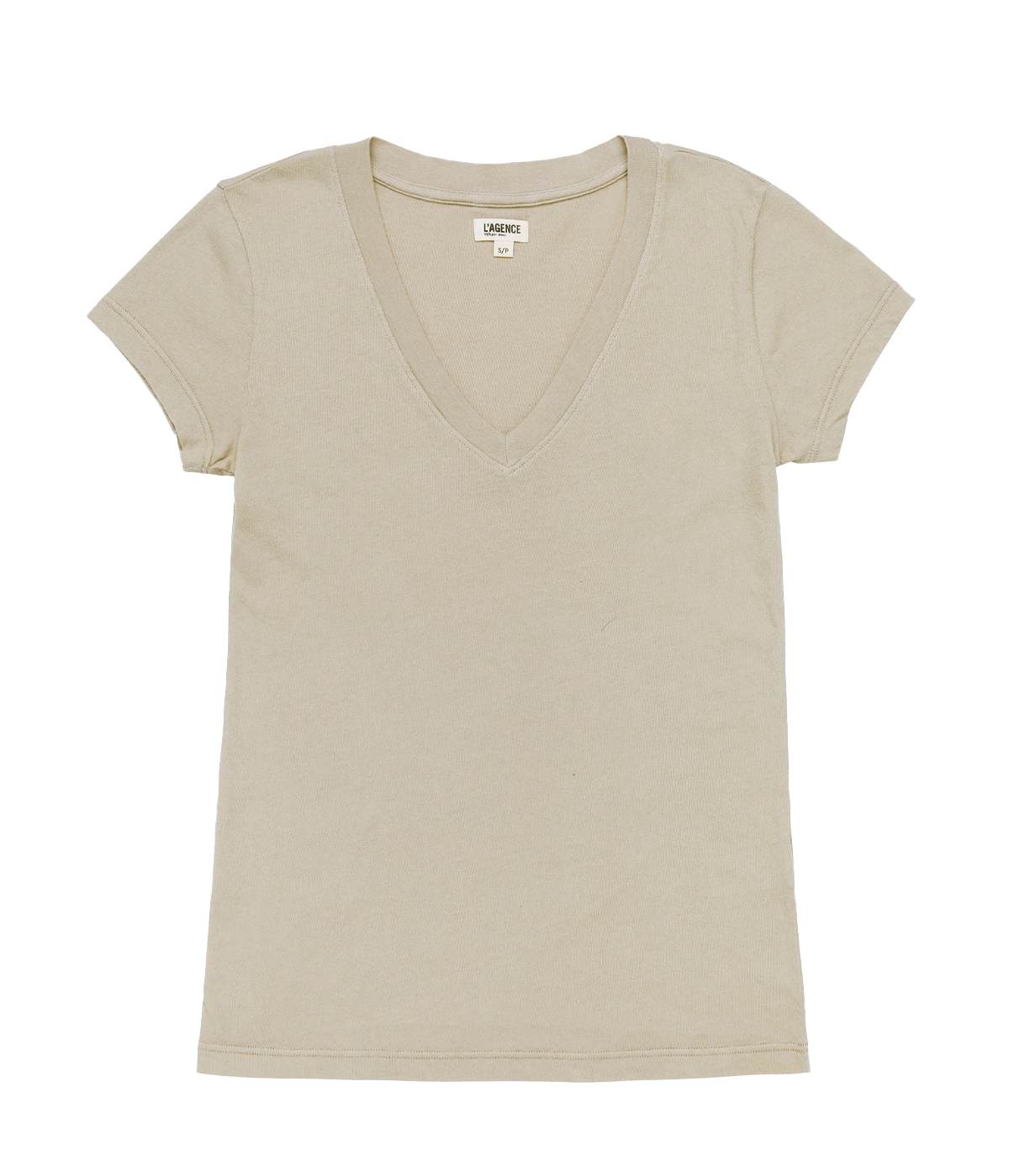 A classic basic neutral cotton t-shirt, with a V neckline, short sleeve and relaxed fit. Back to basics, everyday tee, stretchy cotton, throw on and go, 100% cotton, bra friendly, made in usa. 