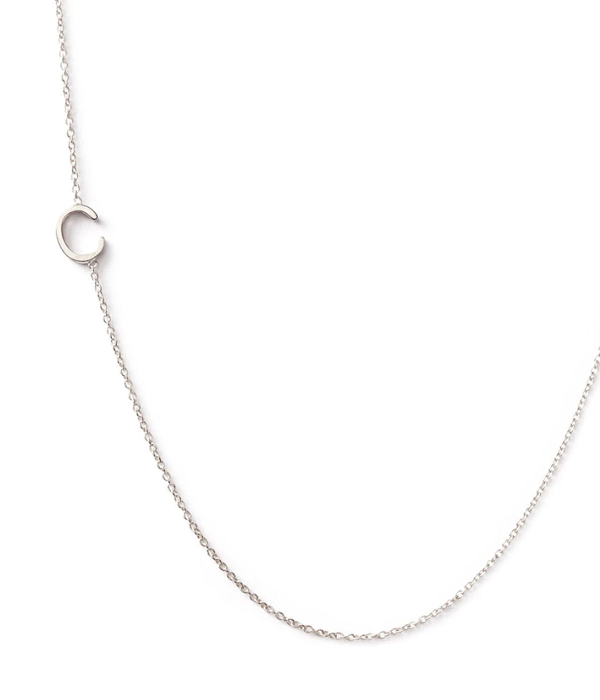 ALT text for images: Delicate 14K white gold necklace with personalised initial pendant, styled for everyday wear.