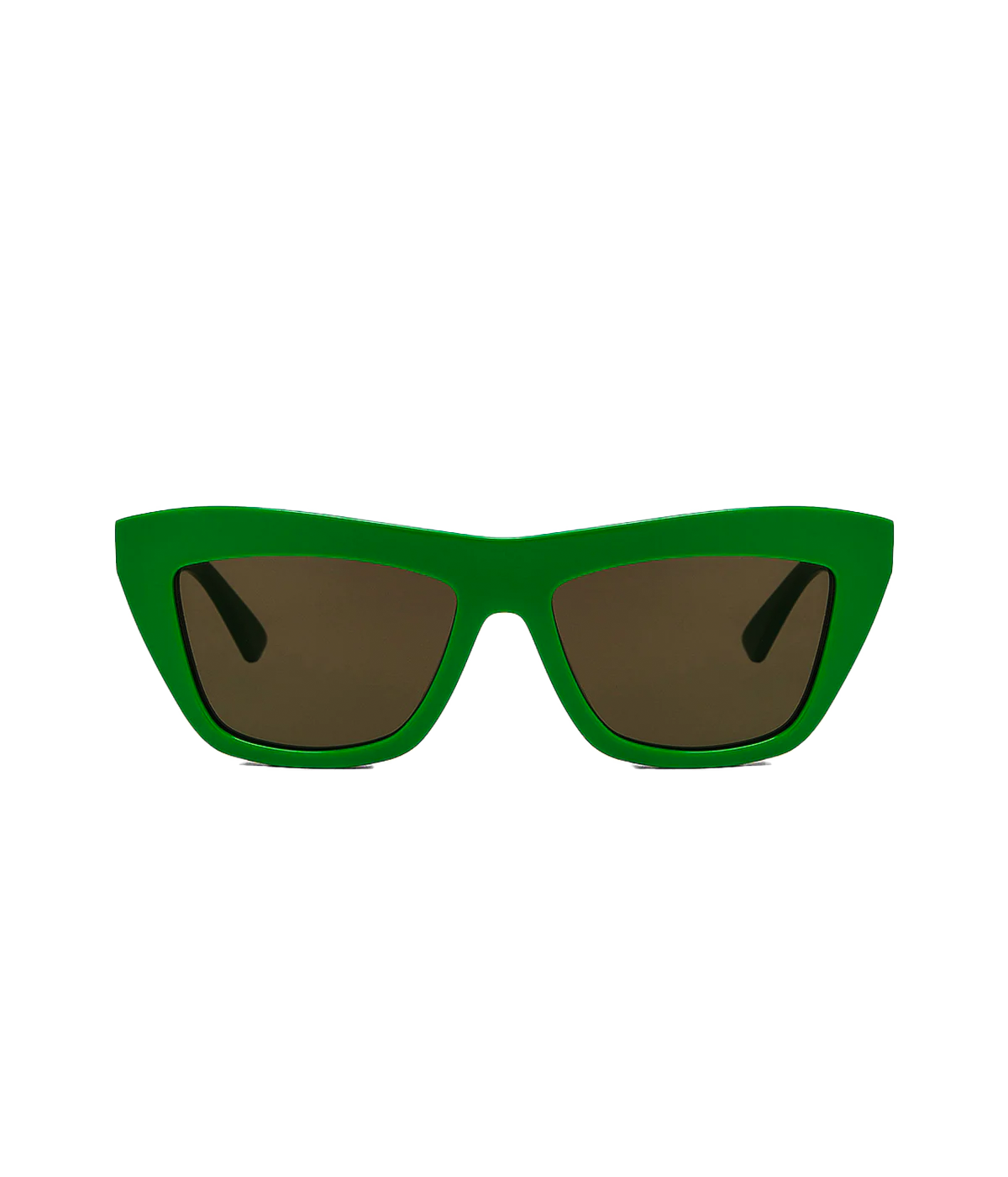 Image of a green acetate cat eye sunglass, with frame detailed with gold-tone hardware, an embossed logo on the arm and feature a brown lense.    