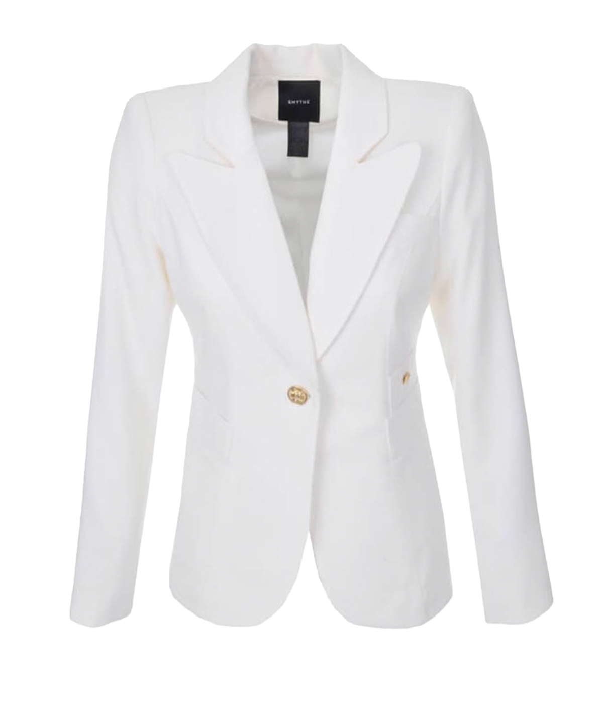 ALT text: Smythe Classic Duchess Blazer in white linen with brass buttons and cut-out back detail