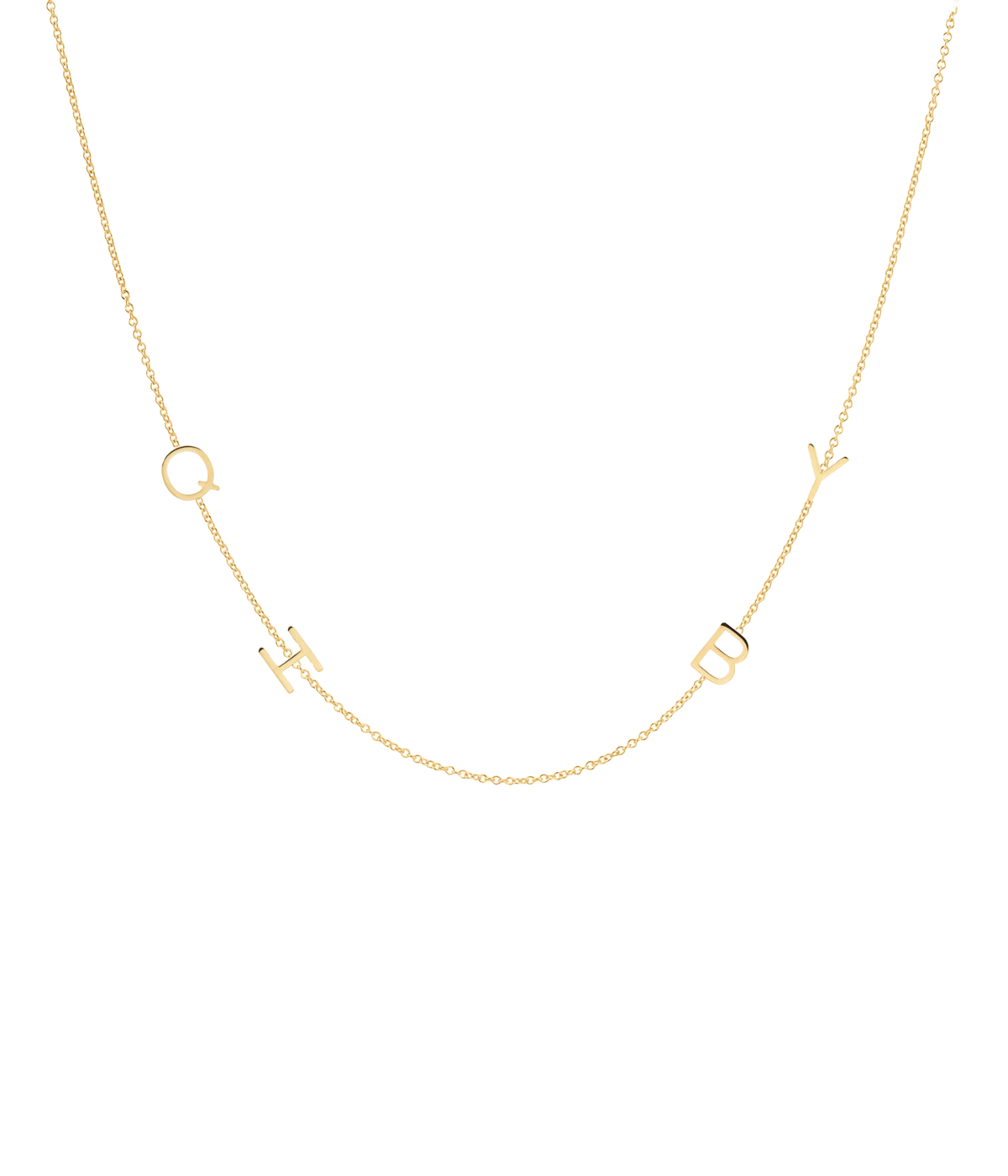 Image of a 42cm gold chain necklace, with customizable gold letters spaced throughout chain.  