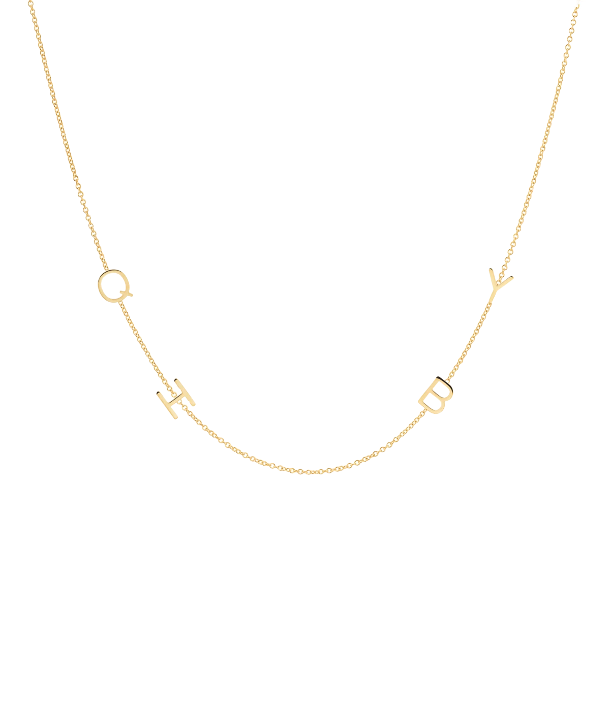 Image of a 42cm gold chain necklace, with customizable gold letters spaced throughout chain.