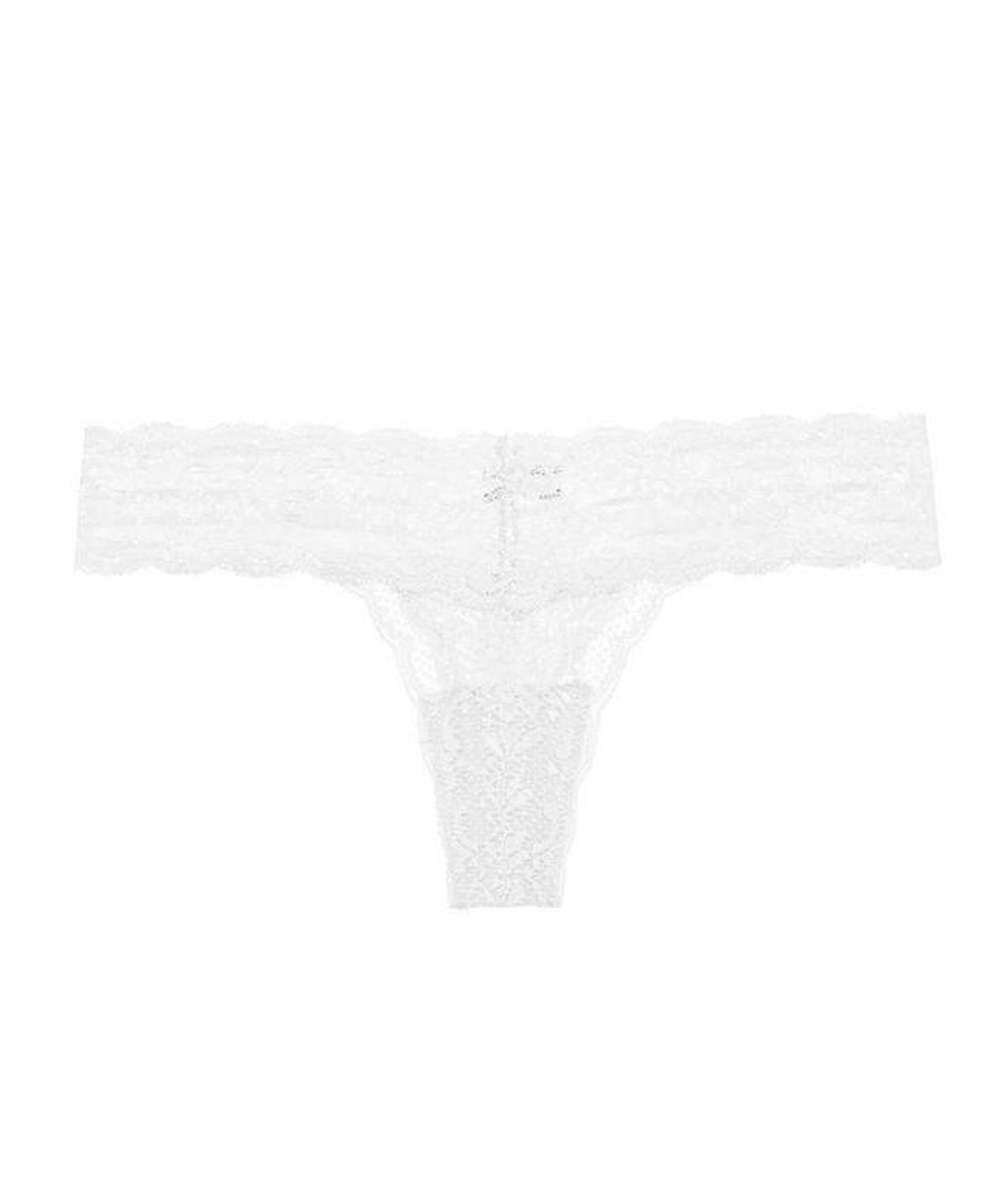 ALT text for images: White low-rise thong in soft Italian floral lace with cotton gusset, designed for all-day comfort.