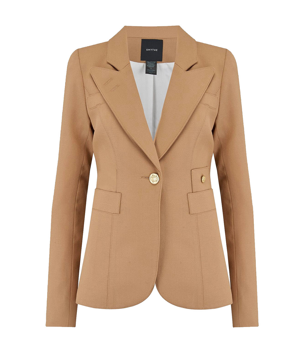 ALT text for images: Tailored blazer with brass hardware, cut-out back detail, and single-breasted design, styled with a dress and shorts for versatile looks.