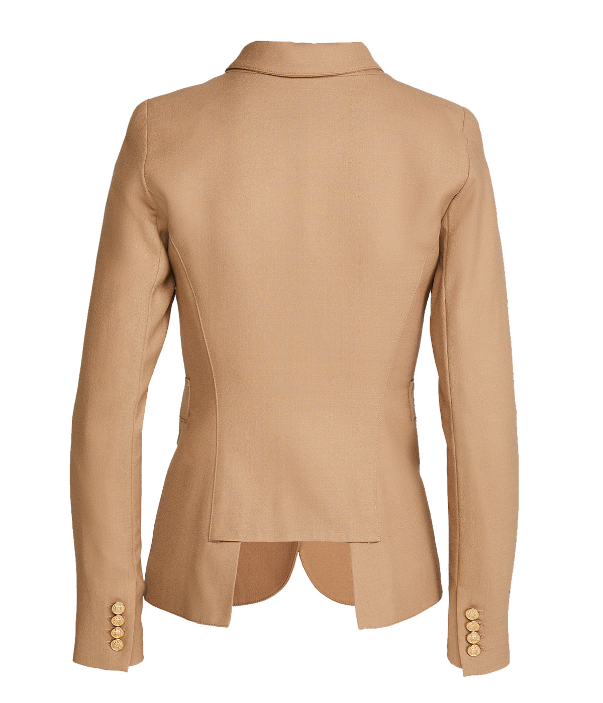ALT text for images: Tailored blazer with brass hardware, cut-out back detail, and single-breasted design, styled with a dress and shorts for versatile looks.