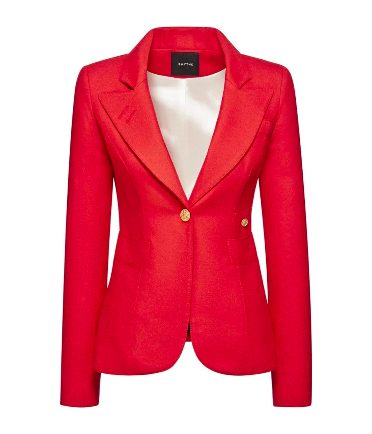 ALT Text: Classic Duchess Blazer by Smythe with brass hardware, cut-out back detail, and single-breasted silhouette, made from 100% wool for a sophisticated, tailored look.