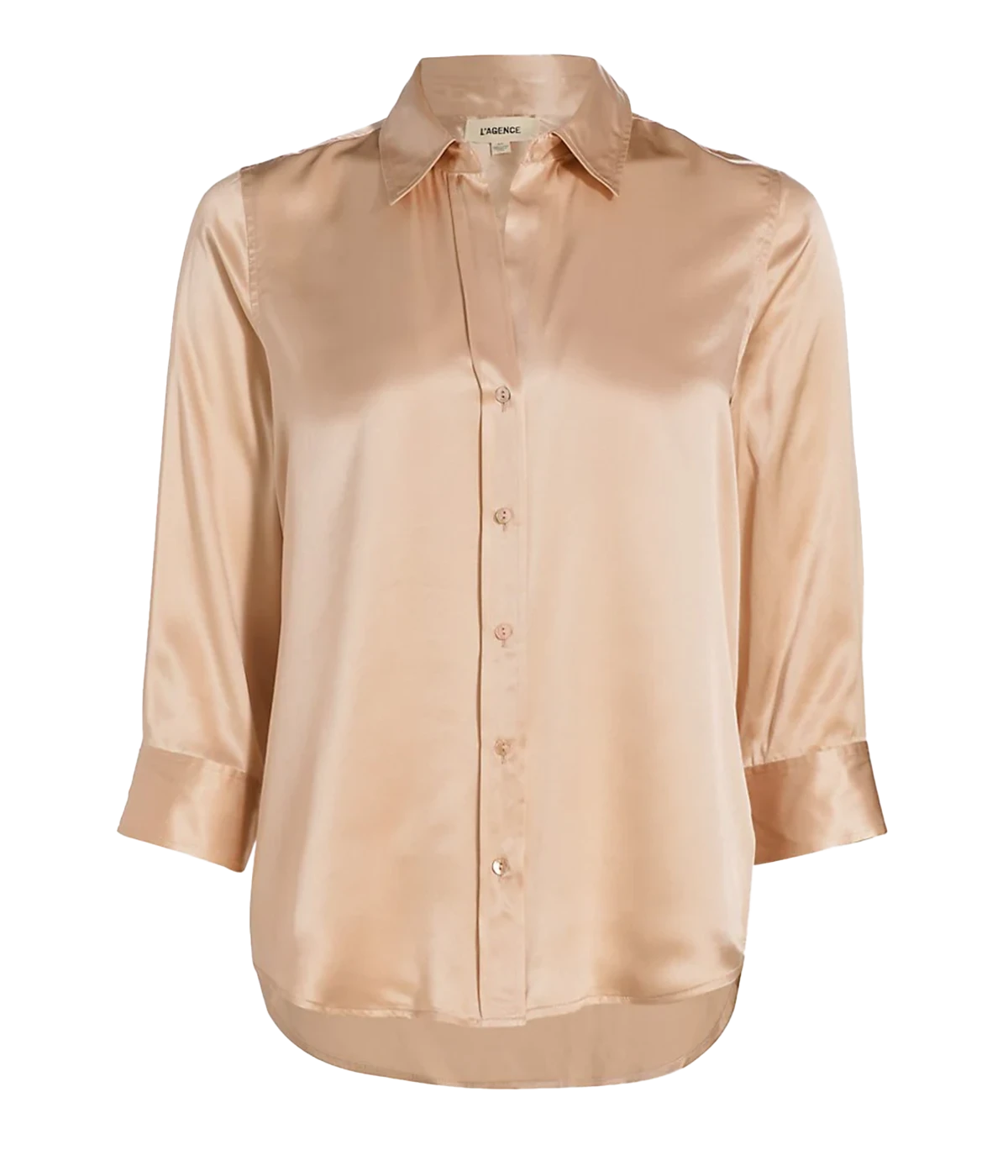 Image of a classic button-down blouse in champagne, with curved hem, three-quarter-length sleeves, silk, button down detail. Bra friendly, work ware, everyday, throw on and go, made in USA. 